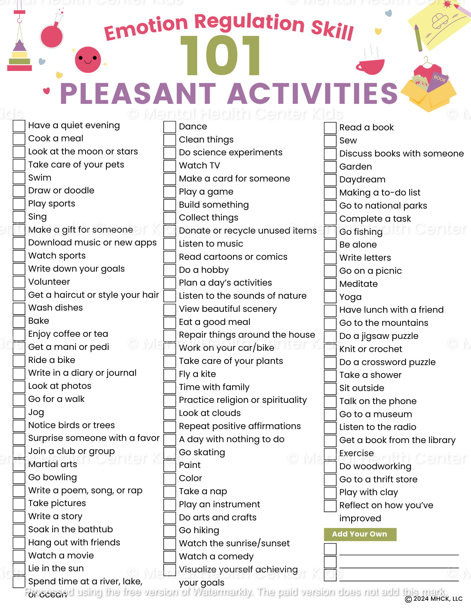 pleasant activities list dbt worksheet