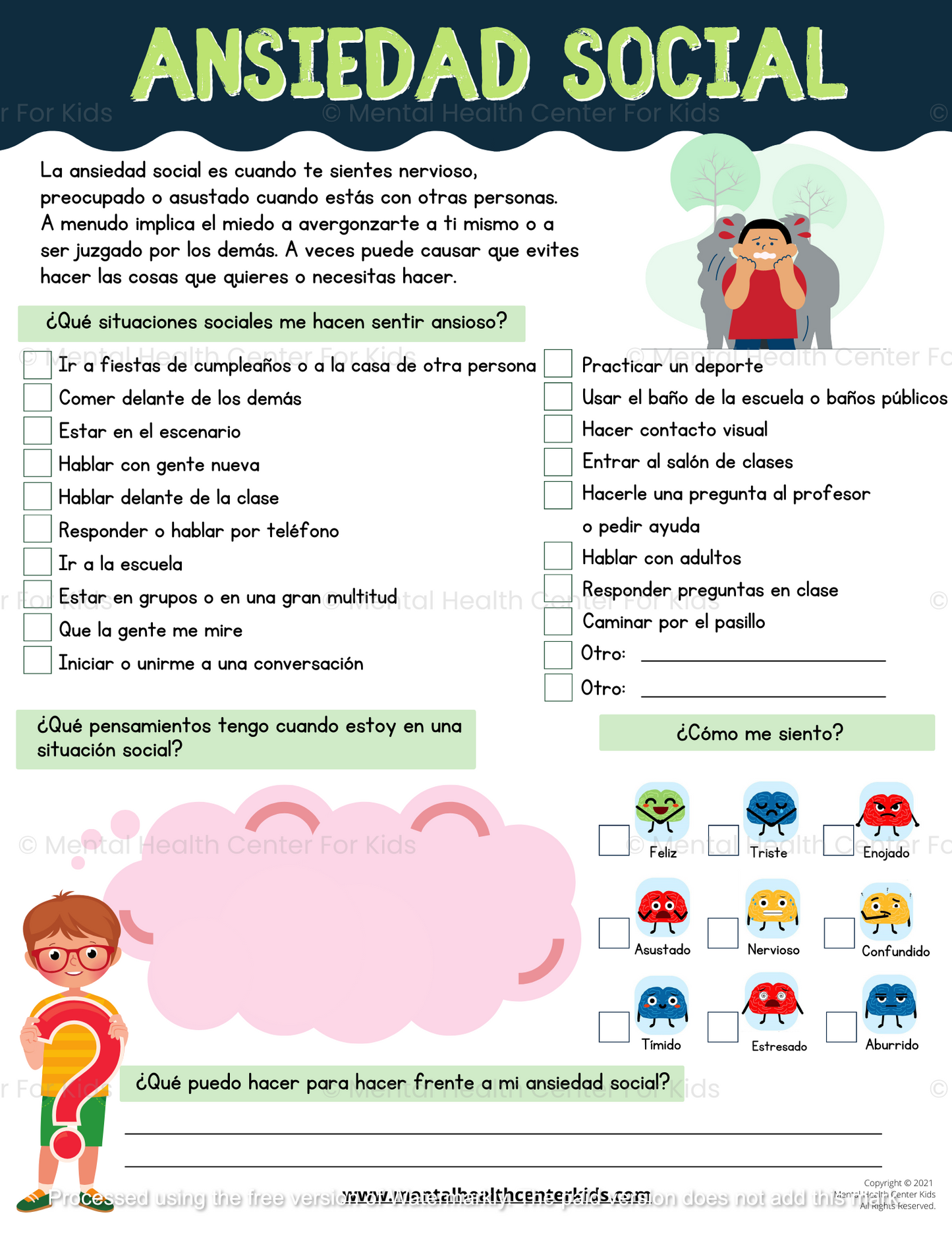 Social Anxiety Worksheet (Spanish Version) – Mental Health Center Kids