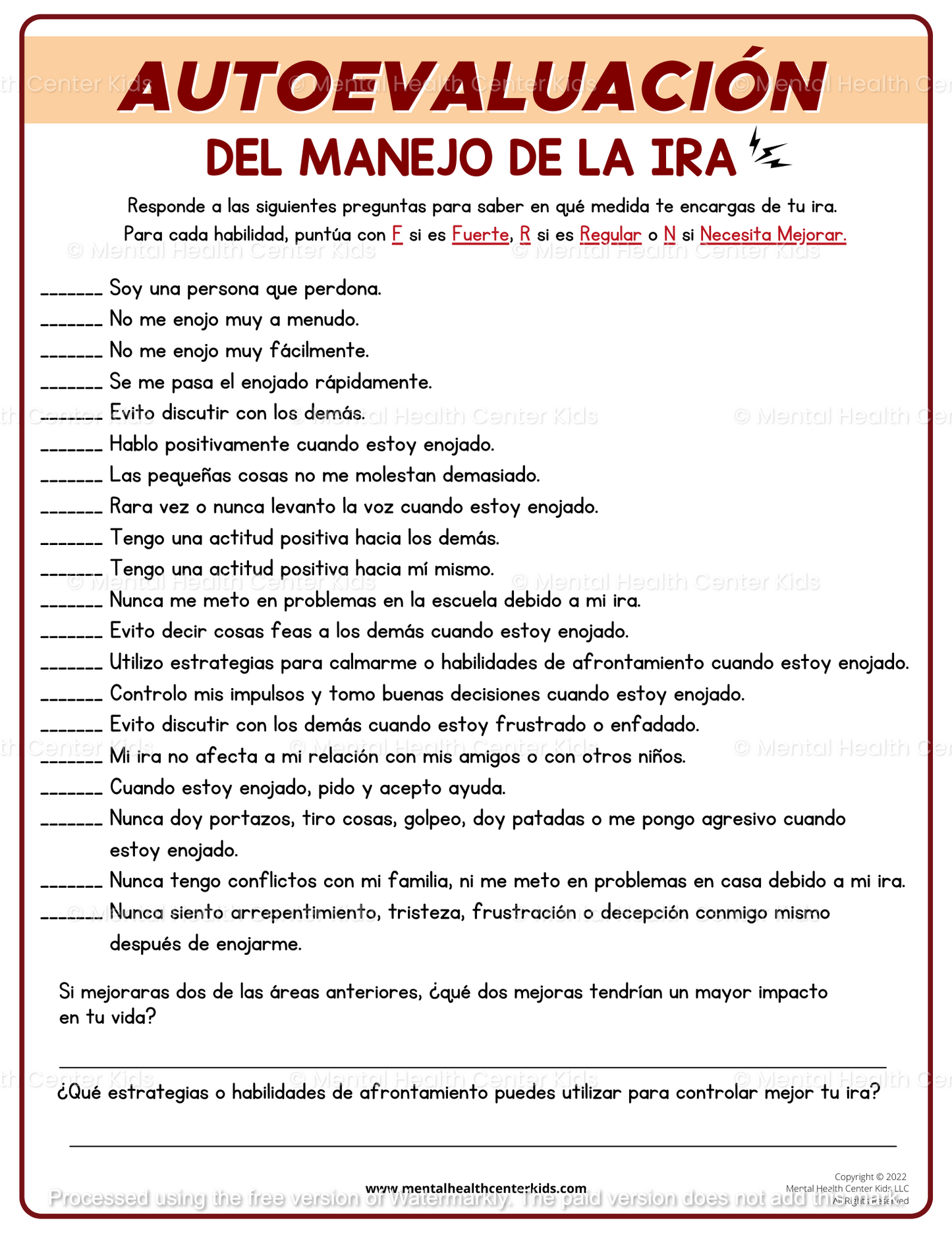 Spanish Anger Management Worksheet