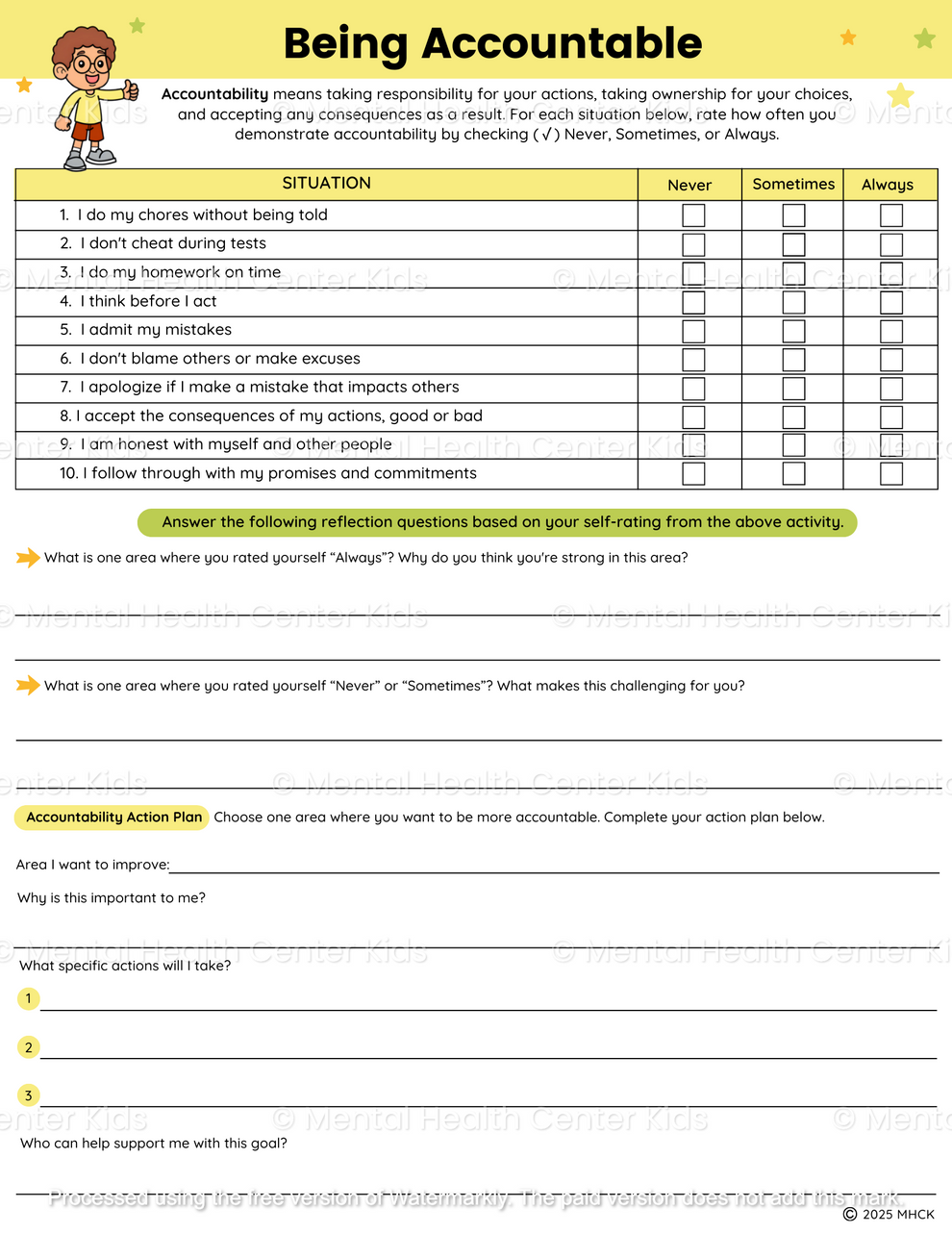 Accountability Worksheets (2 Pages) – Mental Health Center Kids