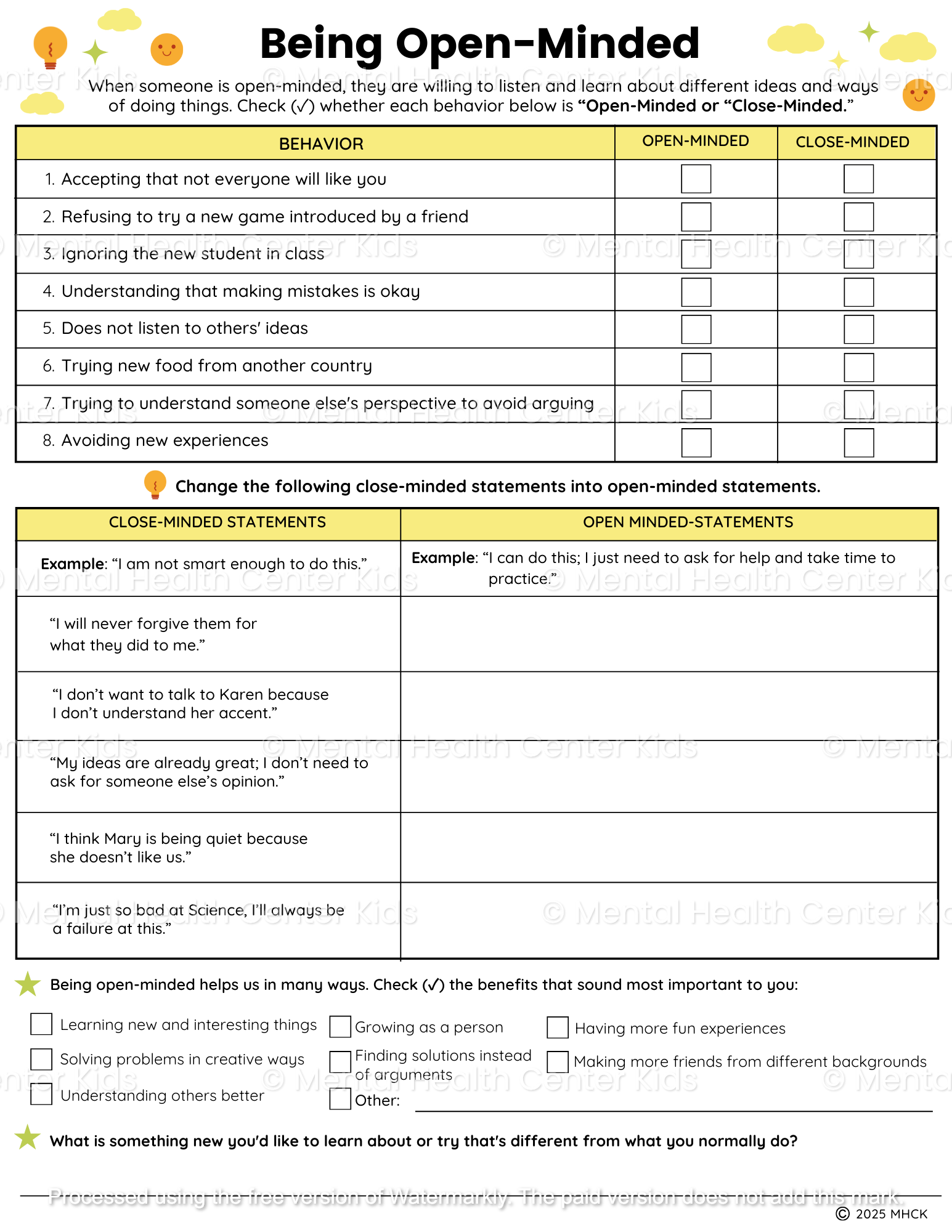 open-mindedness worksheets