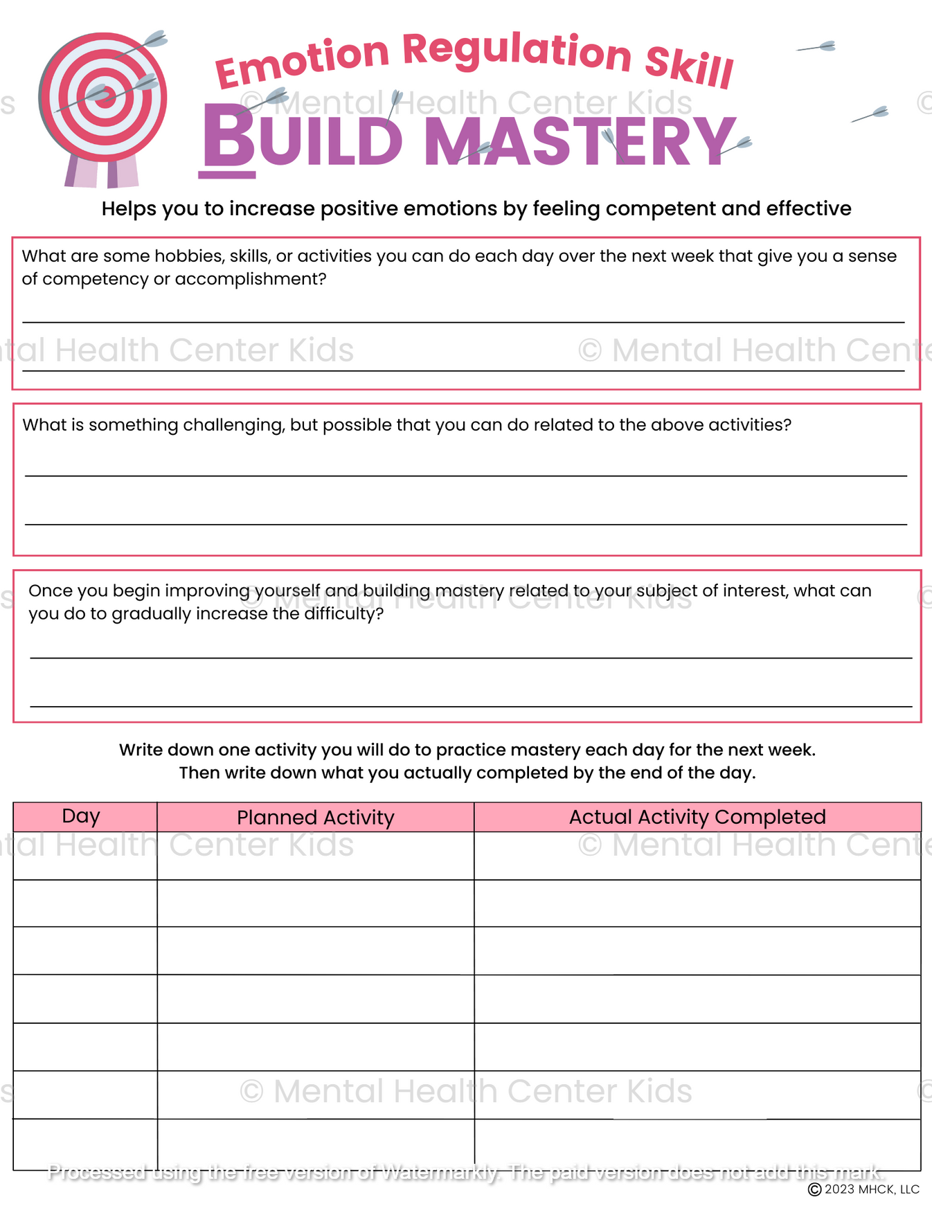 DBT Building Mastery Worksheet Mental Health Center Kids