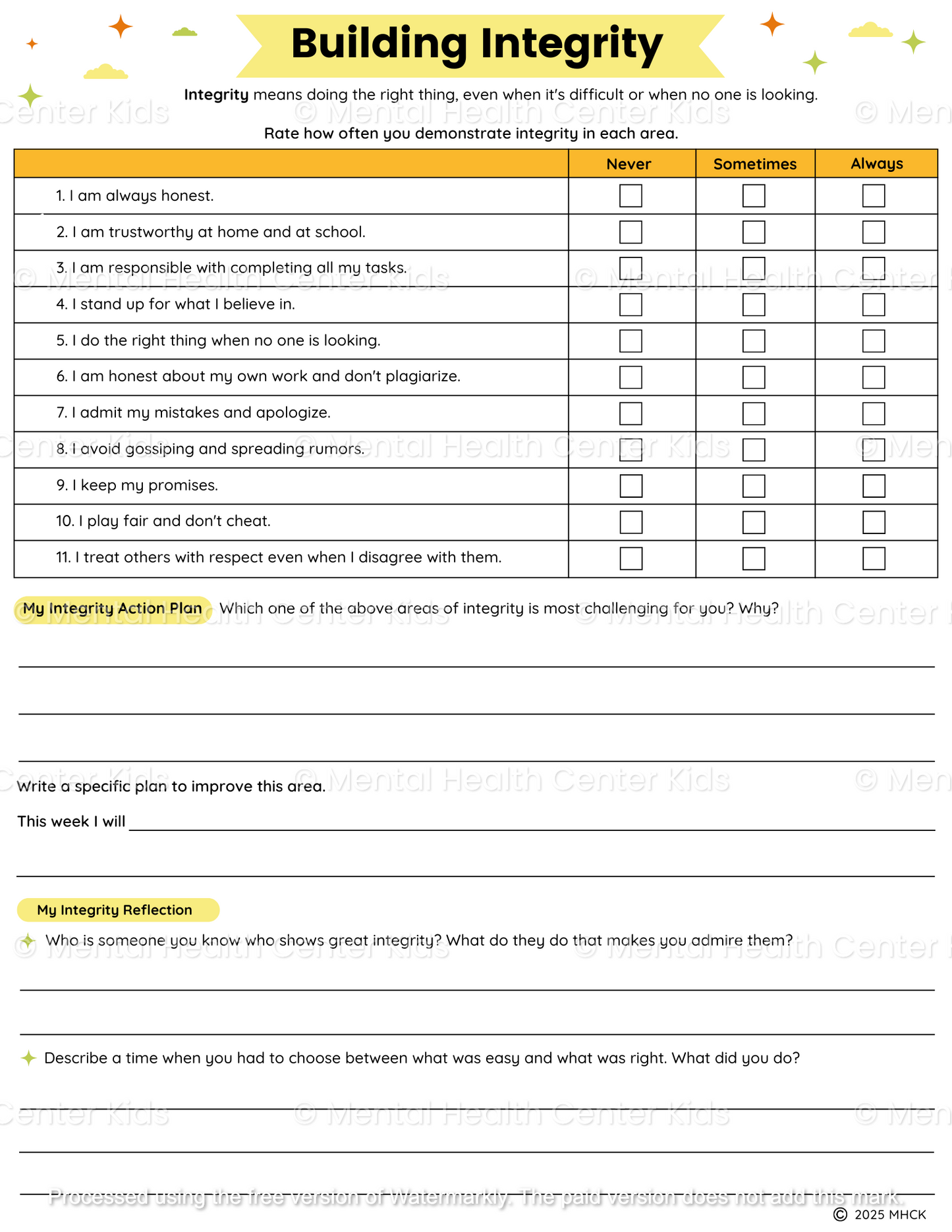 integrity worksheets for middle school
