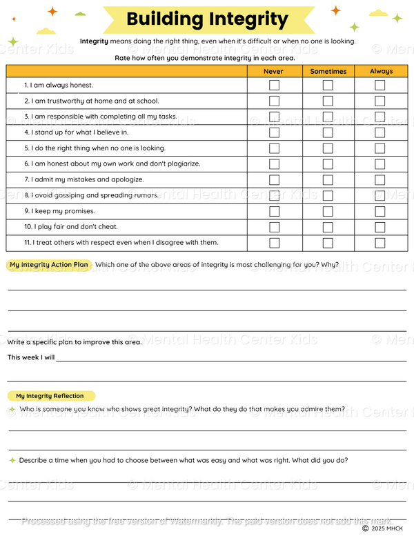 Integrity Worksheets (2 Pages) – Mental Health Center Kids