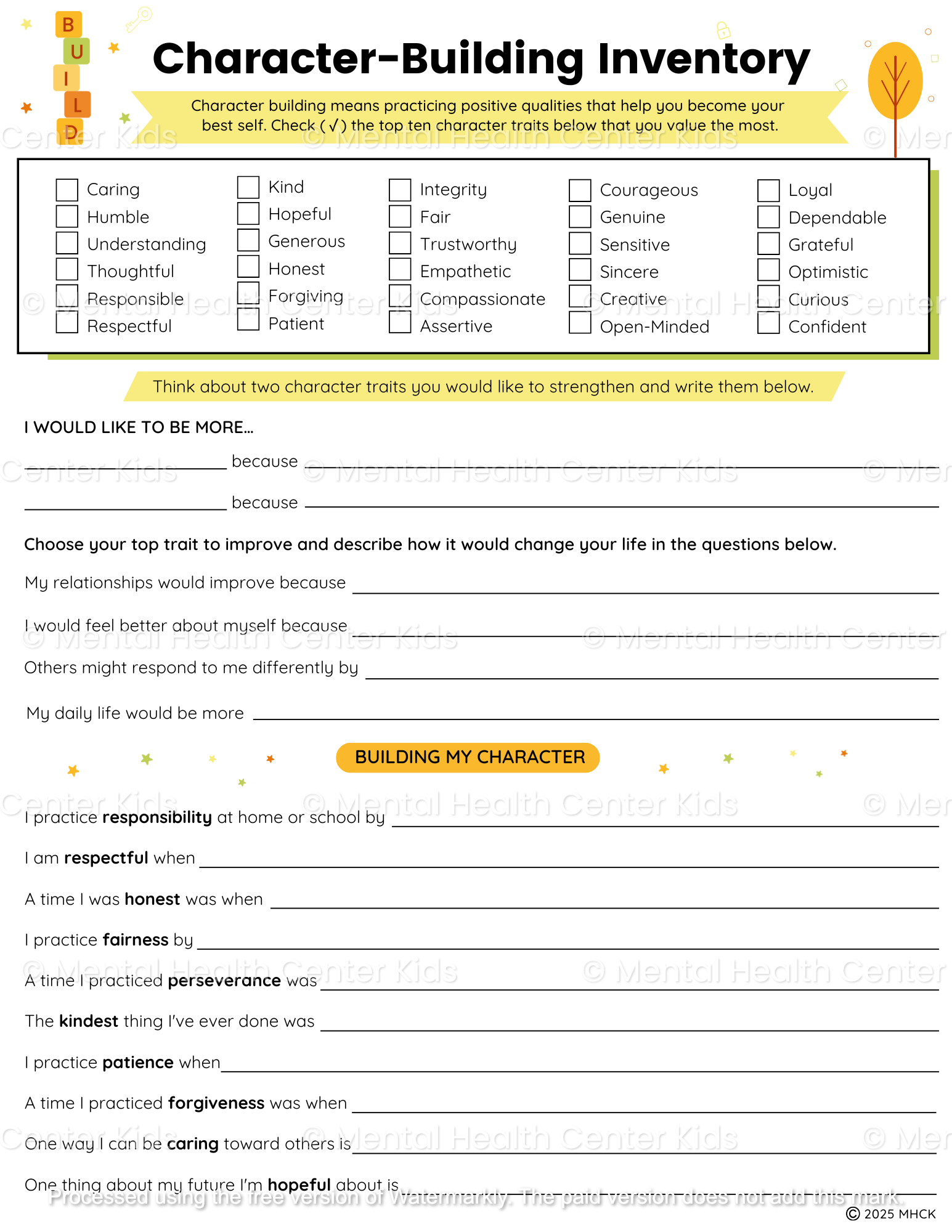 character building worksheets for elementary