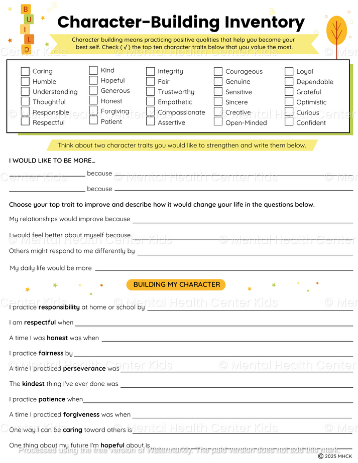 Character Building Worksheets (2 Pages) – Mental Health Center Kids