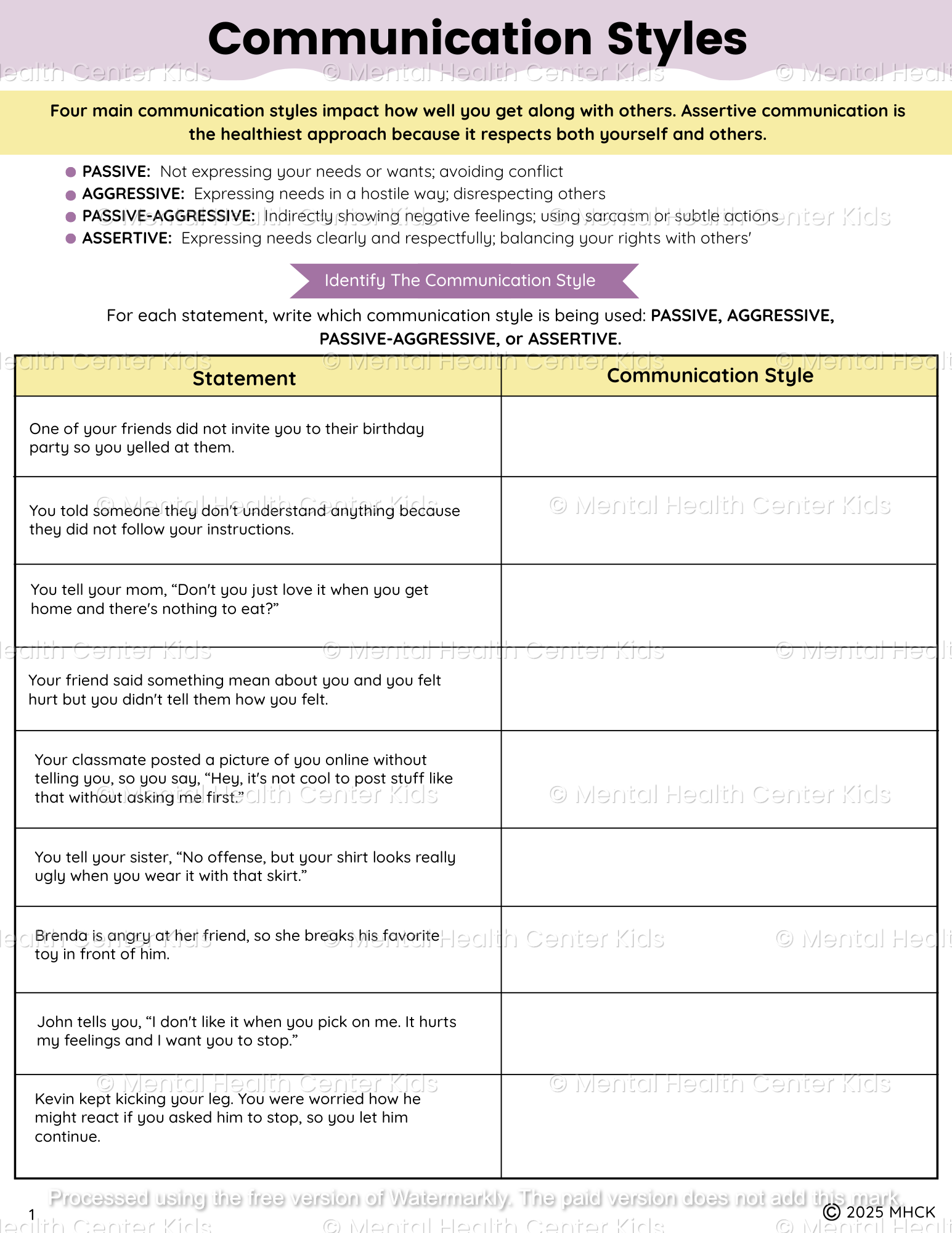Communication Styles Worksheets (4 Pages) – Mental Health Center Kids