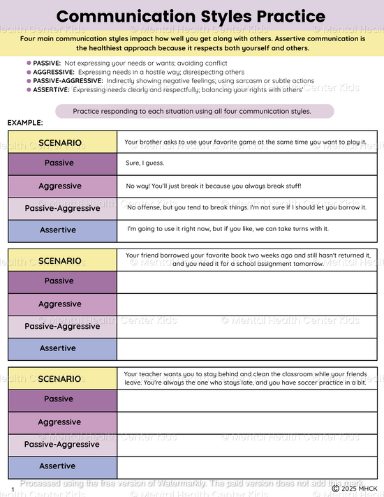 Worksheet Styles Example Communication Styles Worksheets (4 Pages) – Mental Health Center Kids
