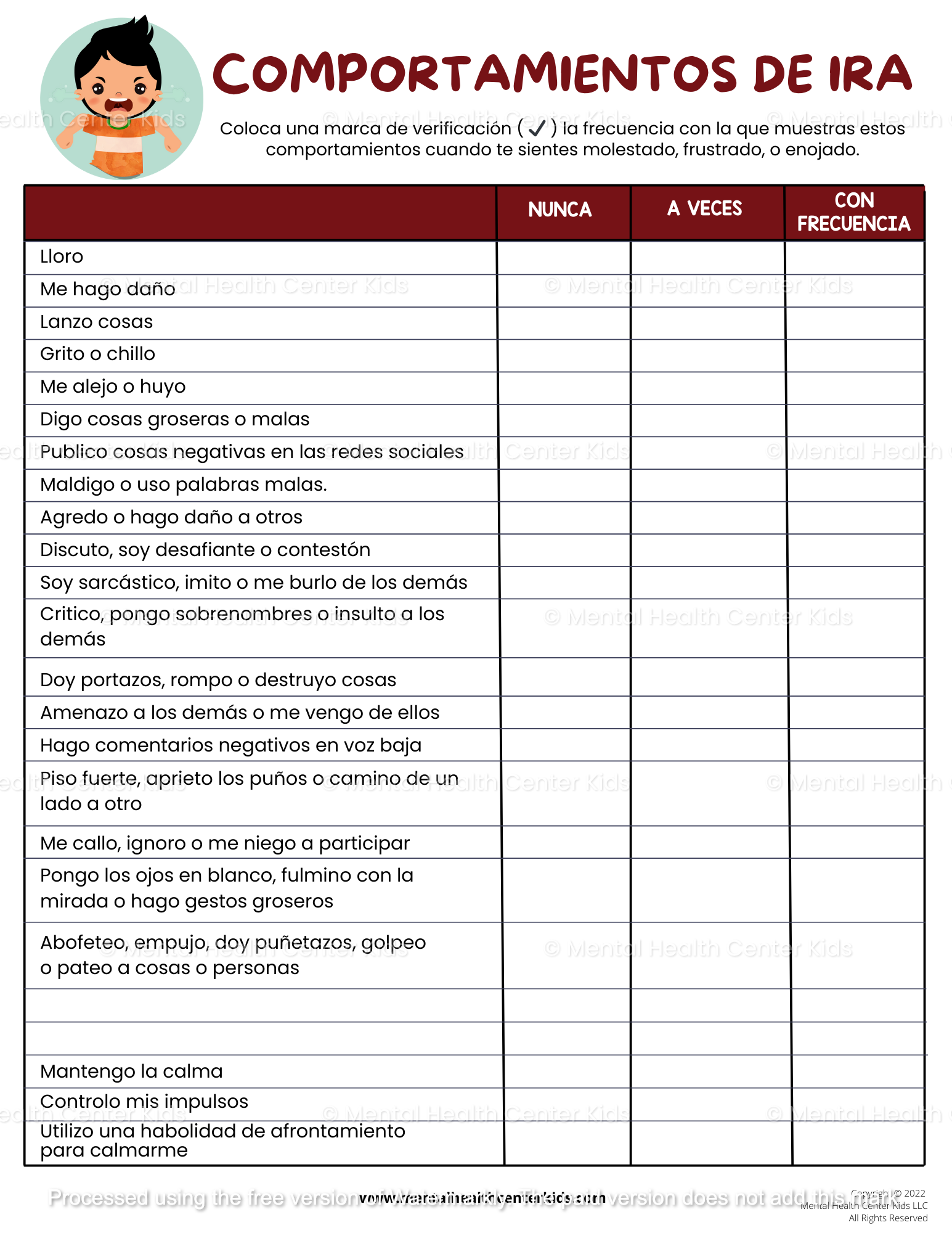 Spanish Anger Behaviors Worksheet