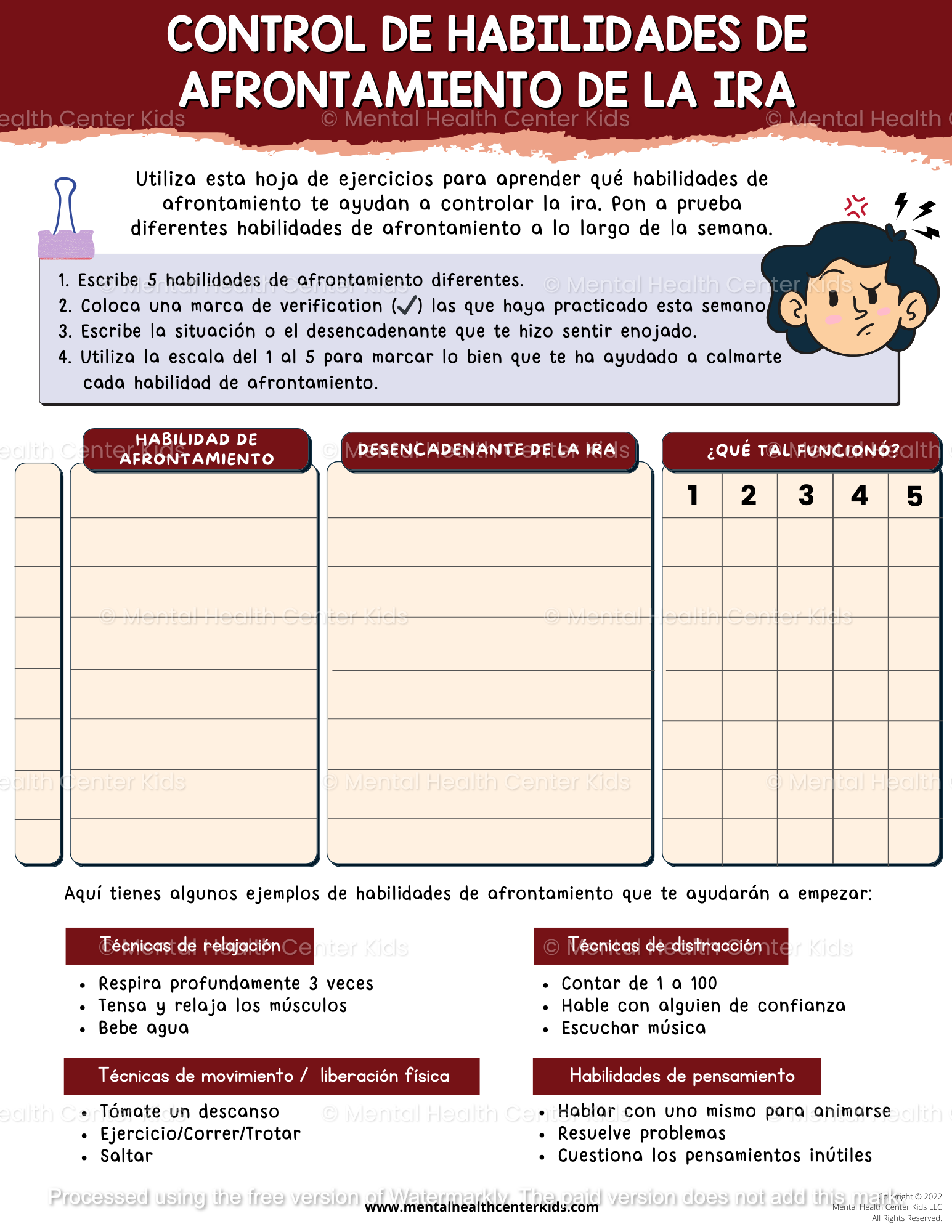 Spanish Anger Coping Skills Tracker Worksheet