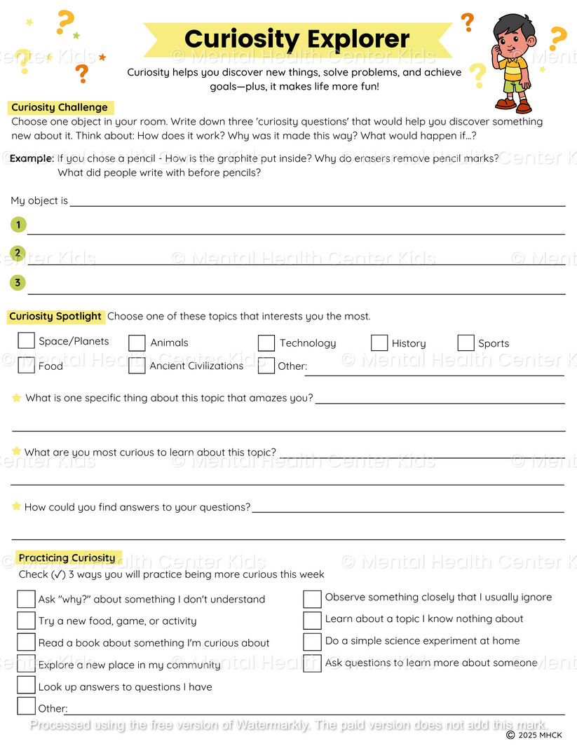 Curiosity Worksheets (2 Pages) – Mental Health Center Kids