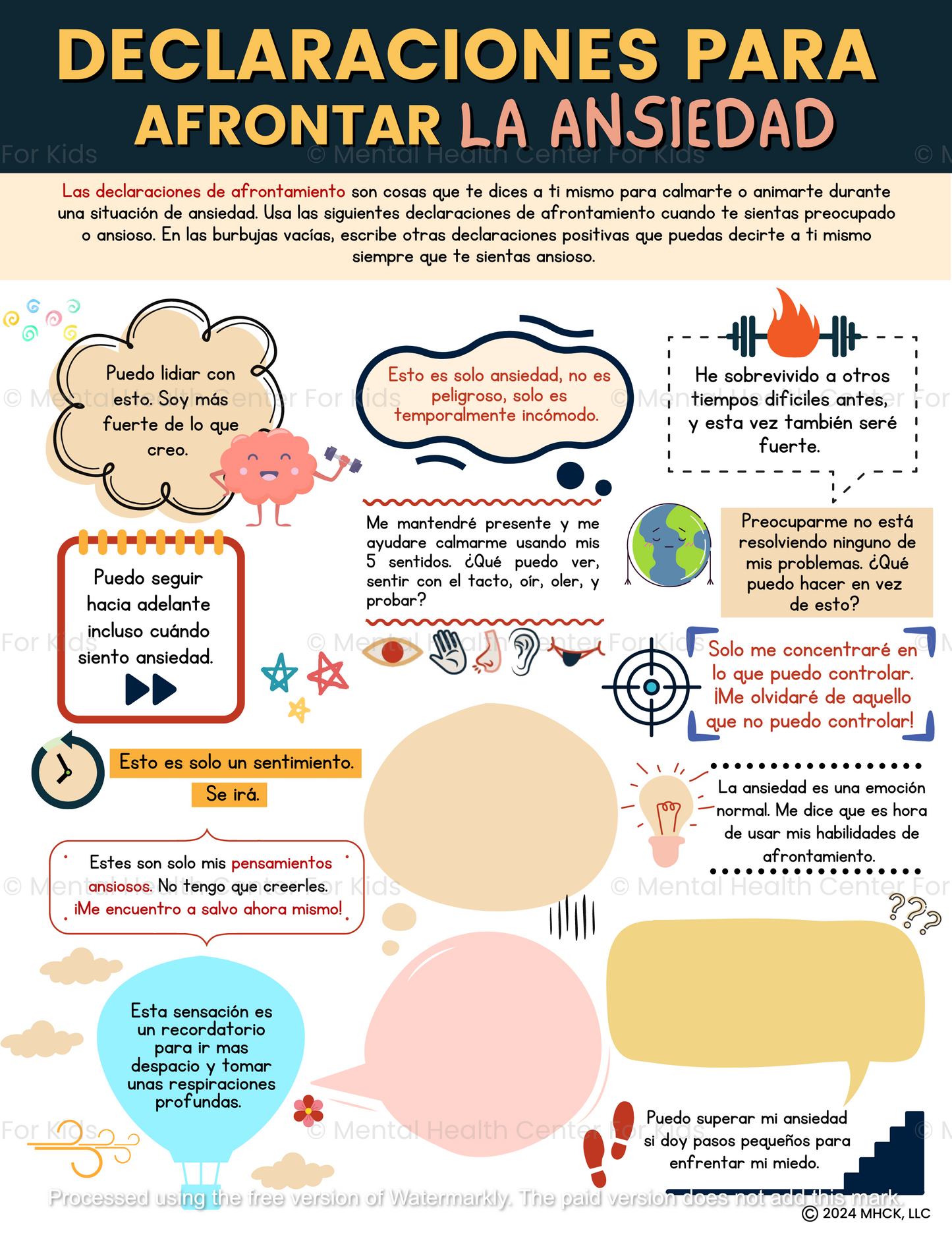 Spanish Anxiety Coping Statements Worksheet