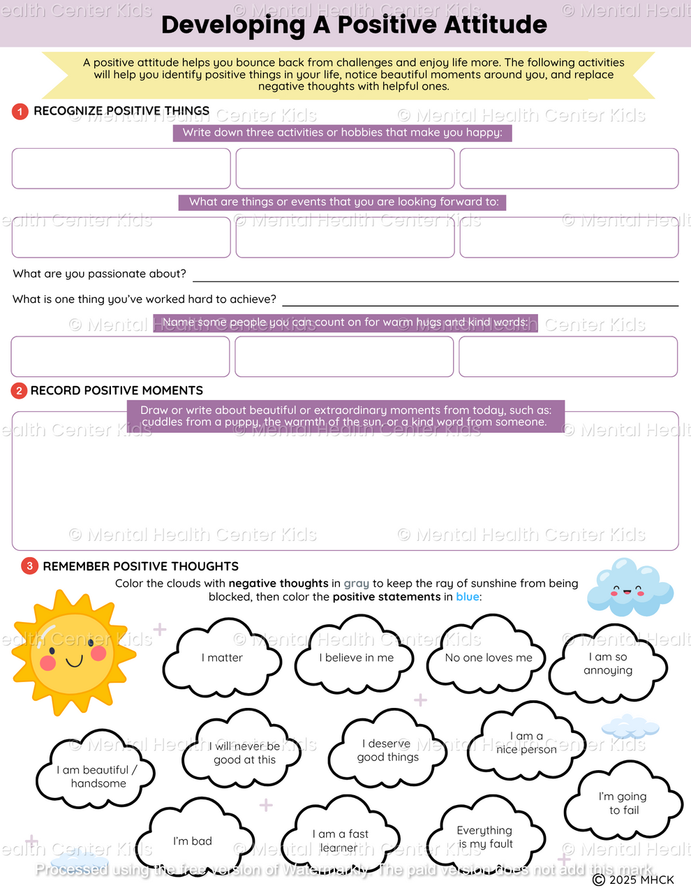 Positive Attributes Hand Out Positive Attitude Worksheets (3 Pages) – Mental Health Center Kids
