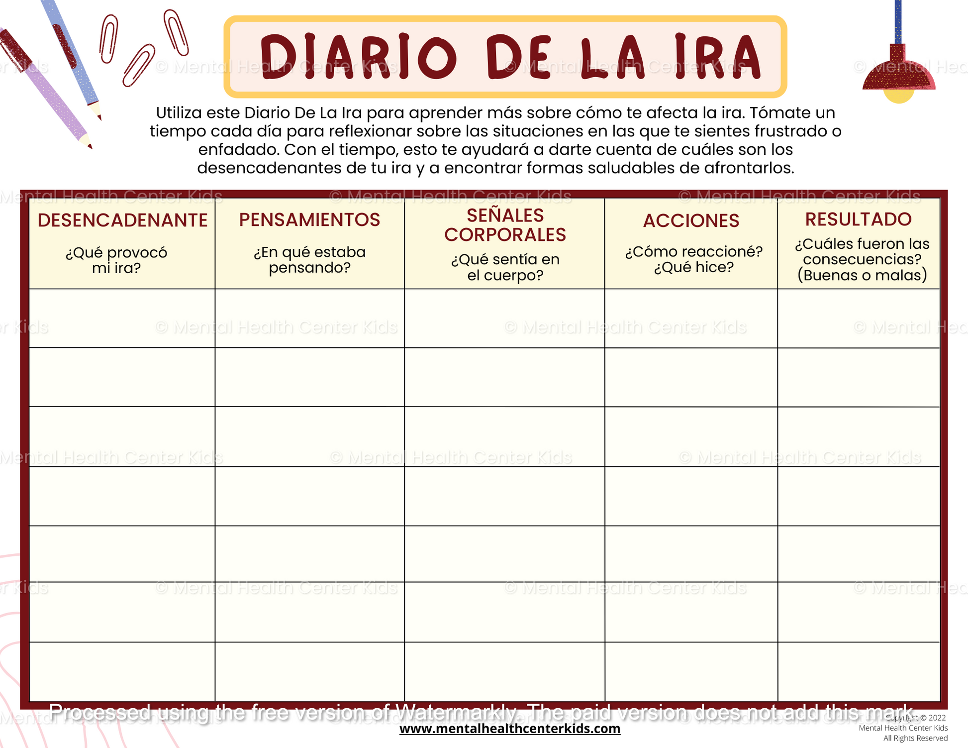 Spanish Anger Diary Worksheet