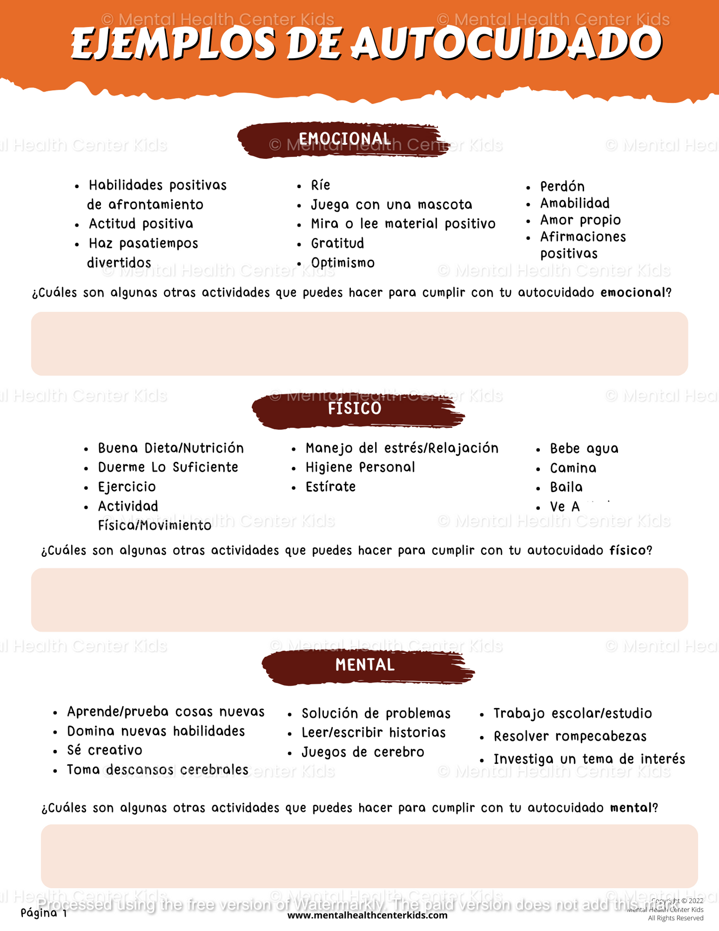 spanish self-care worksheets bundle