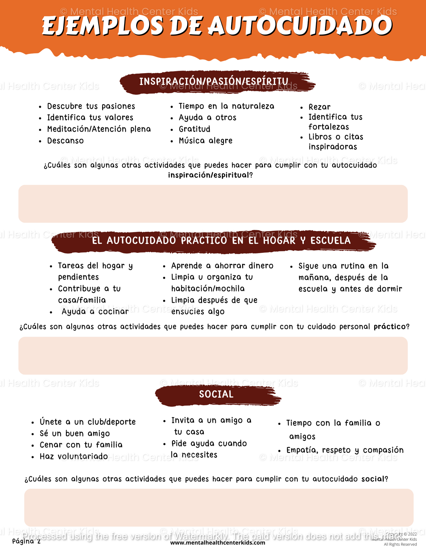 spanish self-care worksheet