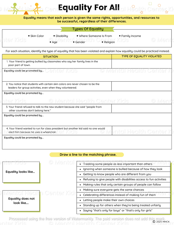Equality Worksheets (2 Pages) – Mental Health Center Kids