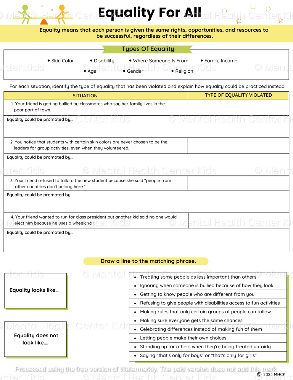 Equality Worksheets (2 Pages) – Mental Health Center Kids