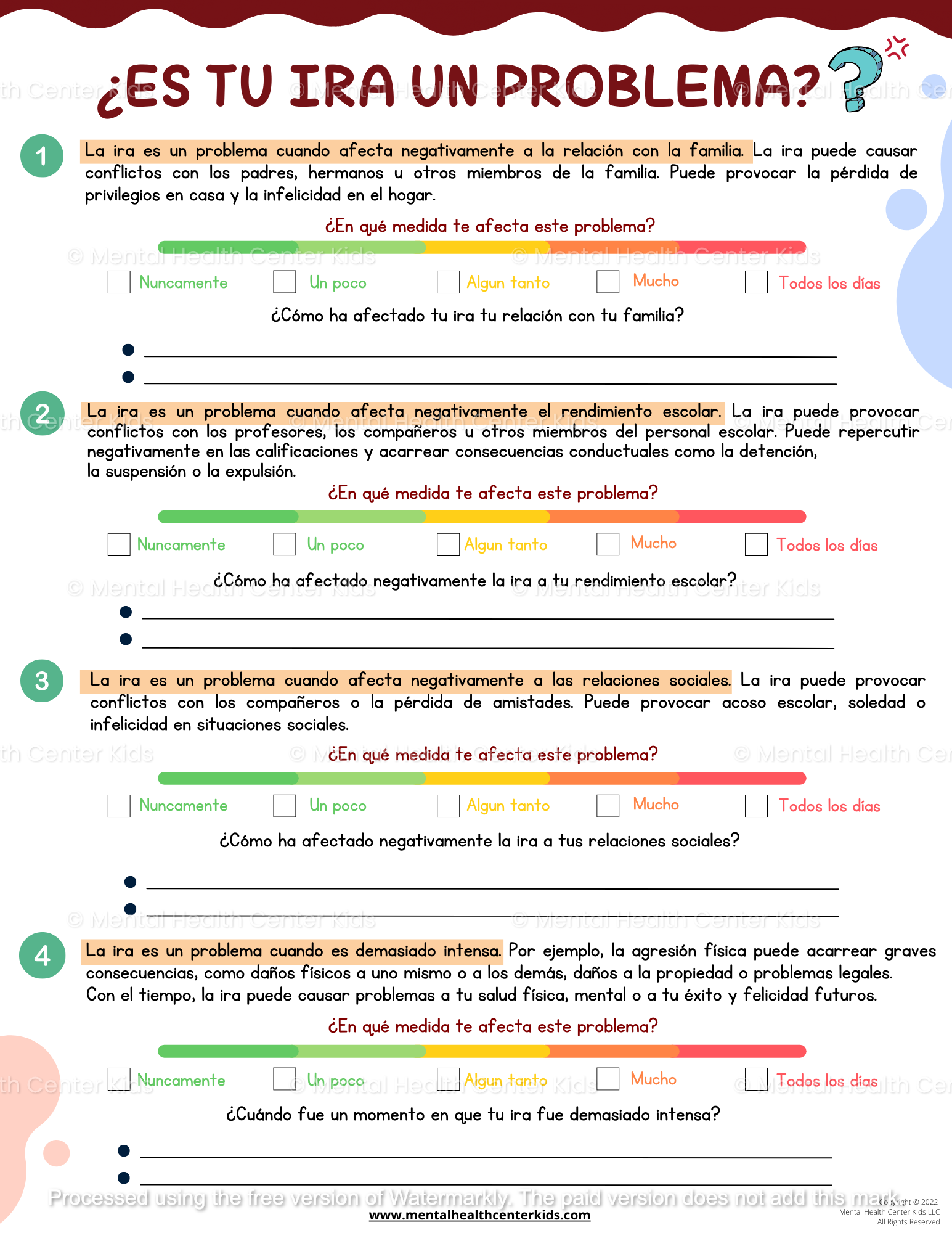 Spanish "Is Your Anger A Problem?" Worksheet