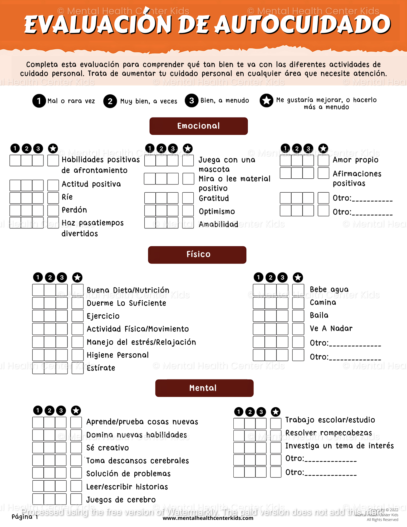 hojas de trabajo de autocuidado