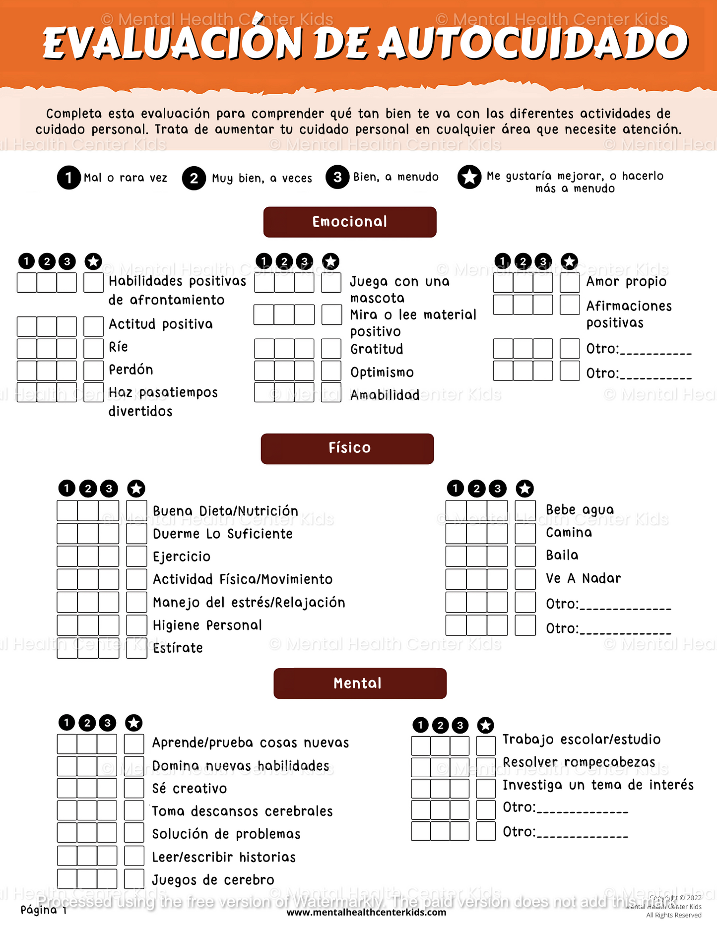 spanish self-care worksheet bundle for kids