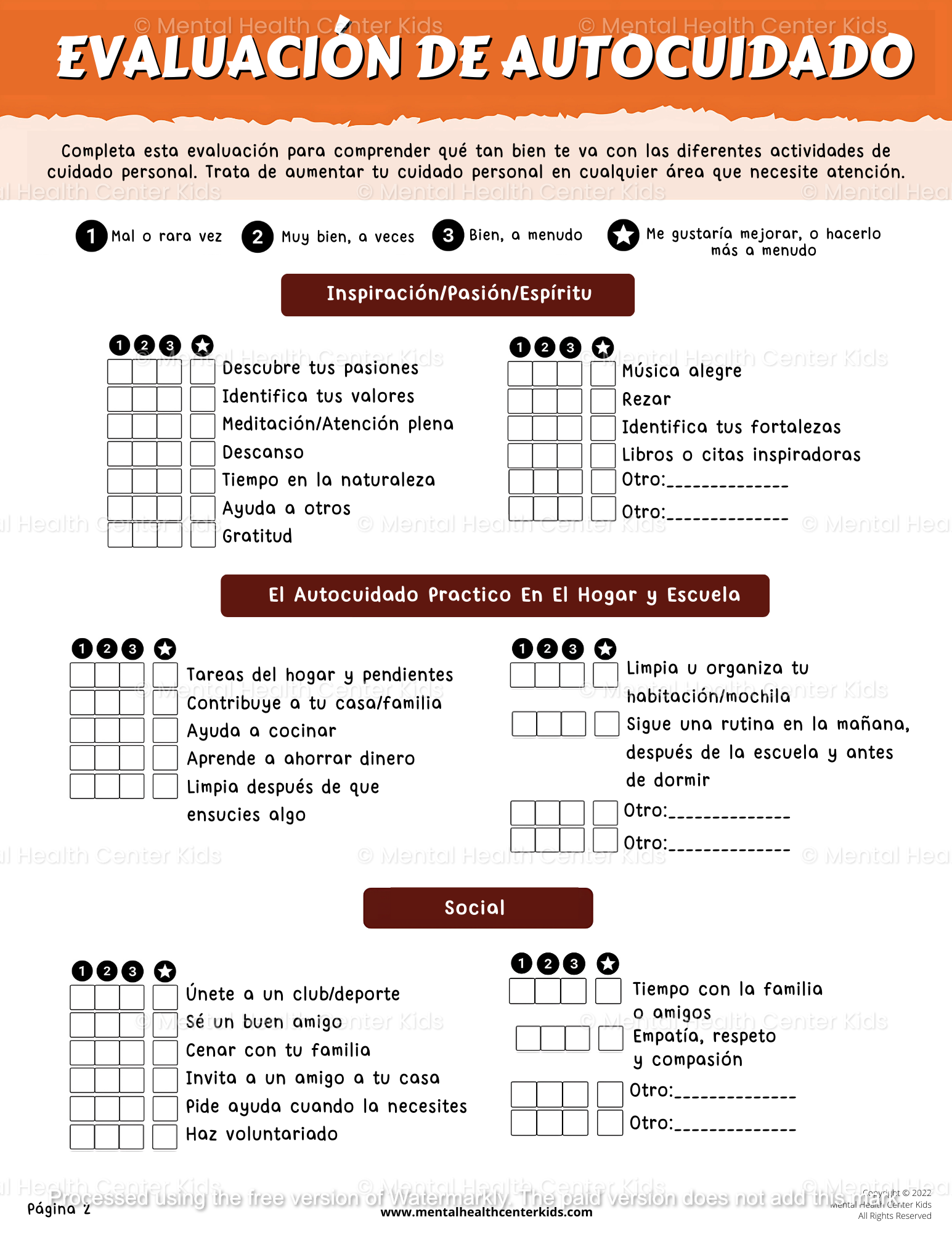 spanish self-care worksheets bundle for kids