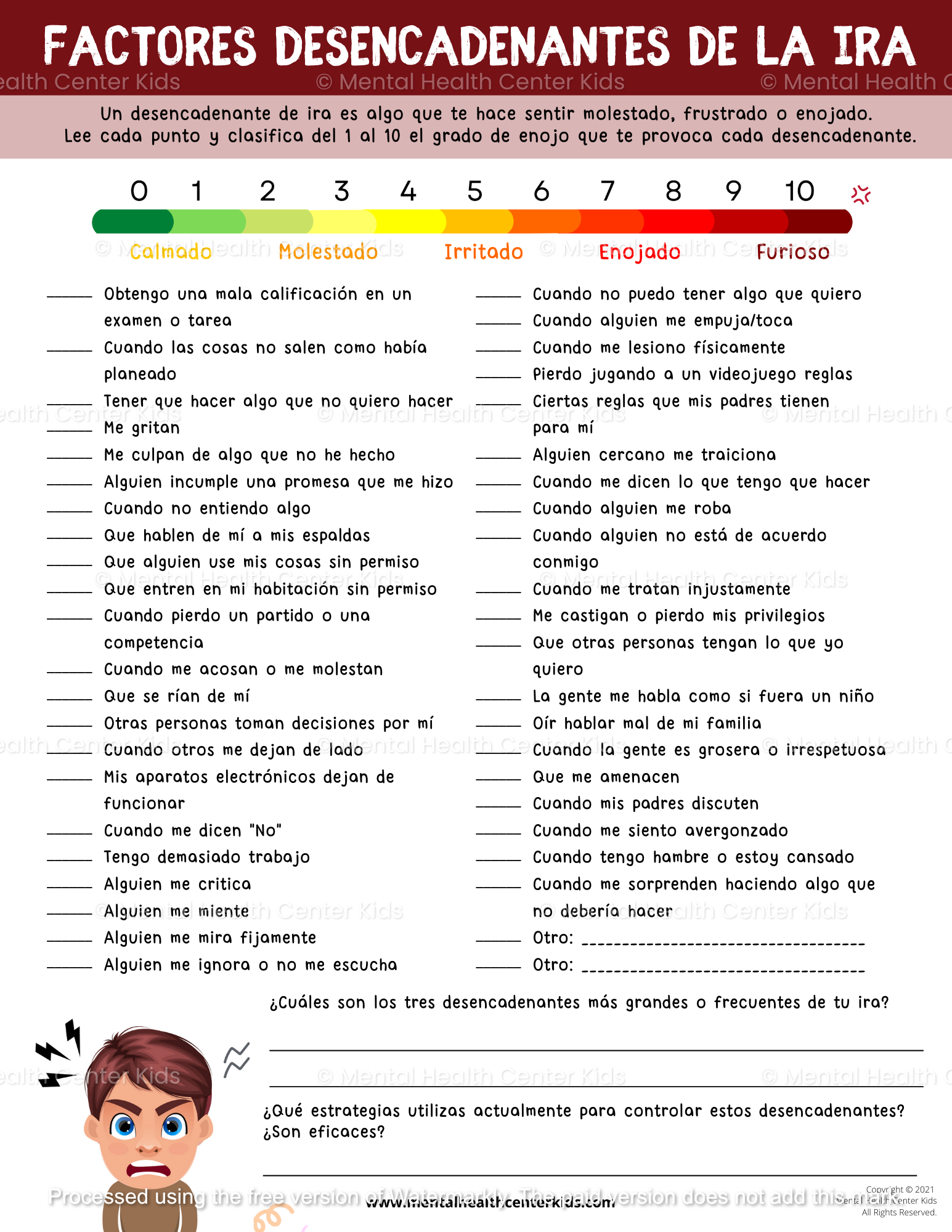 Spanish Anger Triggers Worksheet