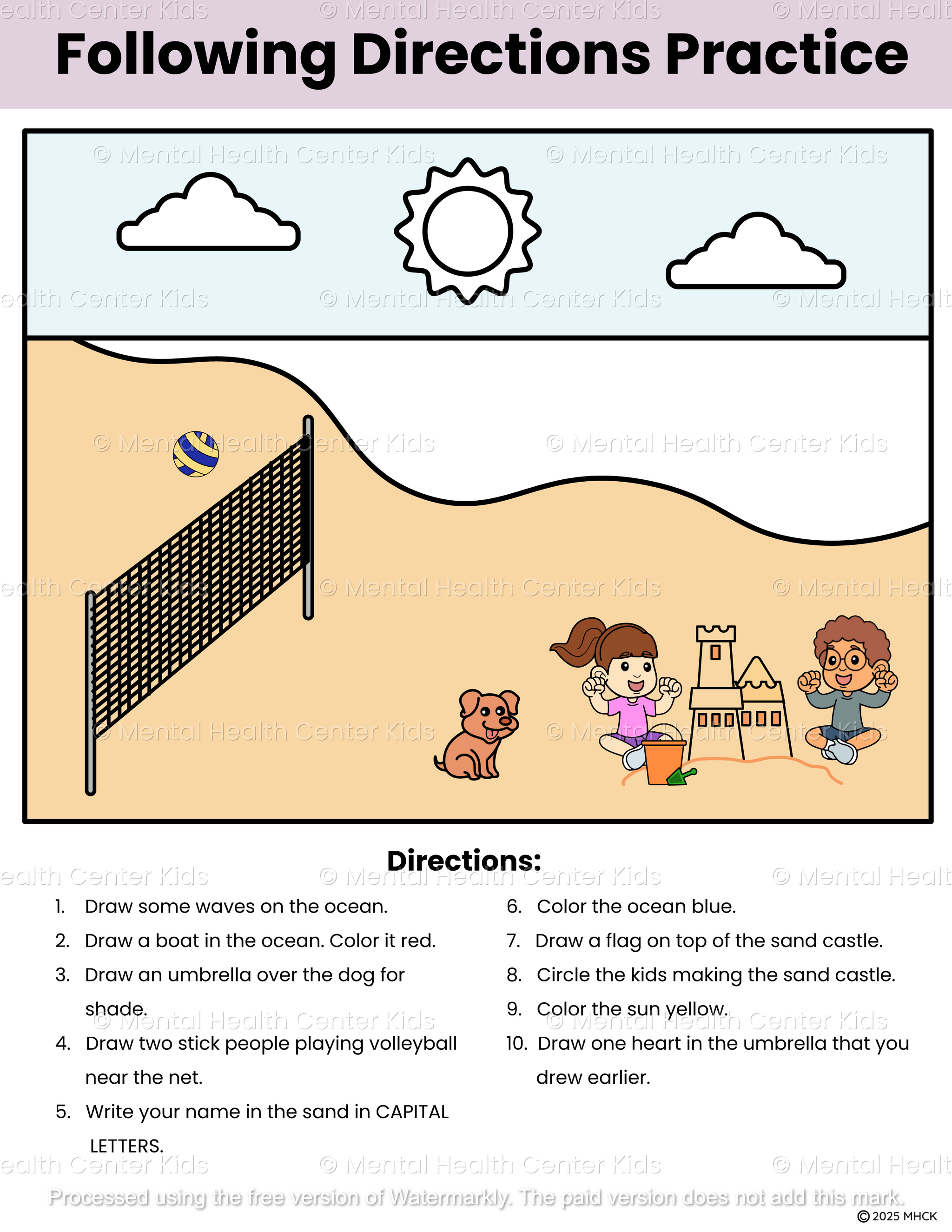 Following Directions Worksheets (4 Pages) – Mental Health Center Kids