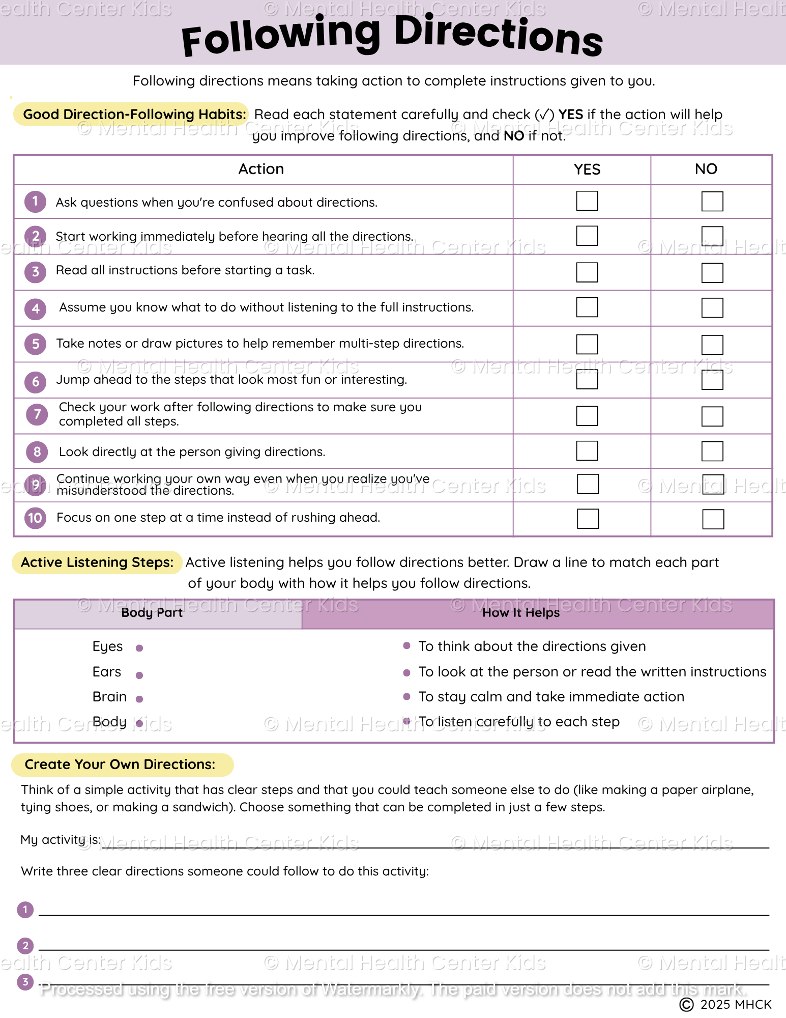 following directions worksheet