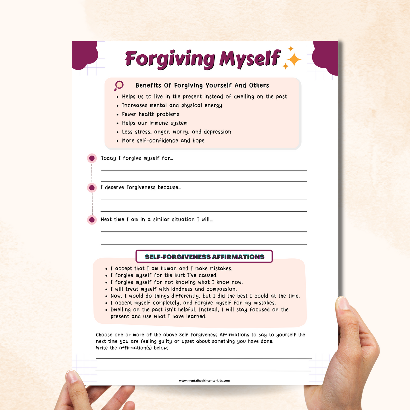 Self-Forgiveness Worksheet – Mental Health Center Kids