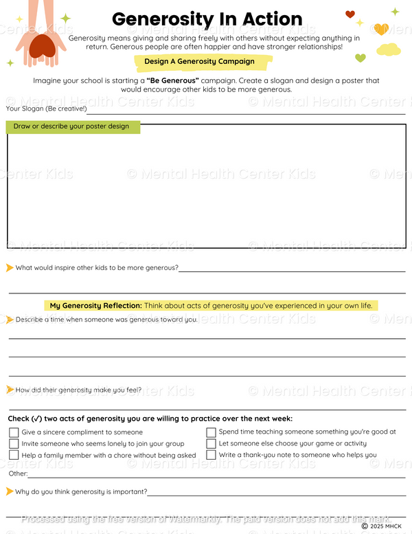 Generosity Activity Generosity Worksheets (2 Pages) – Mental Health Center Kids