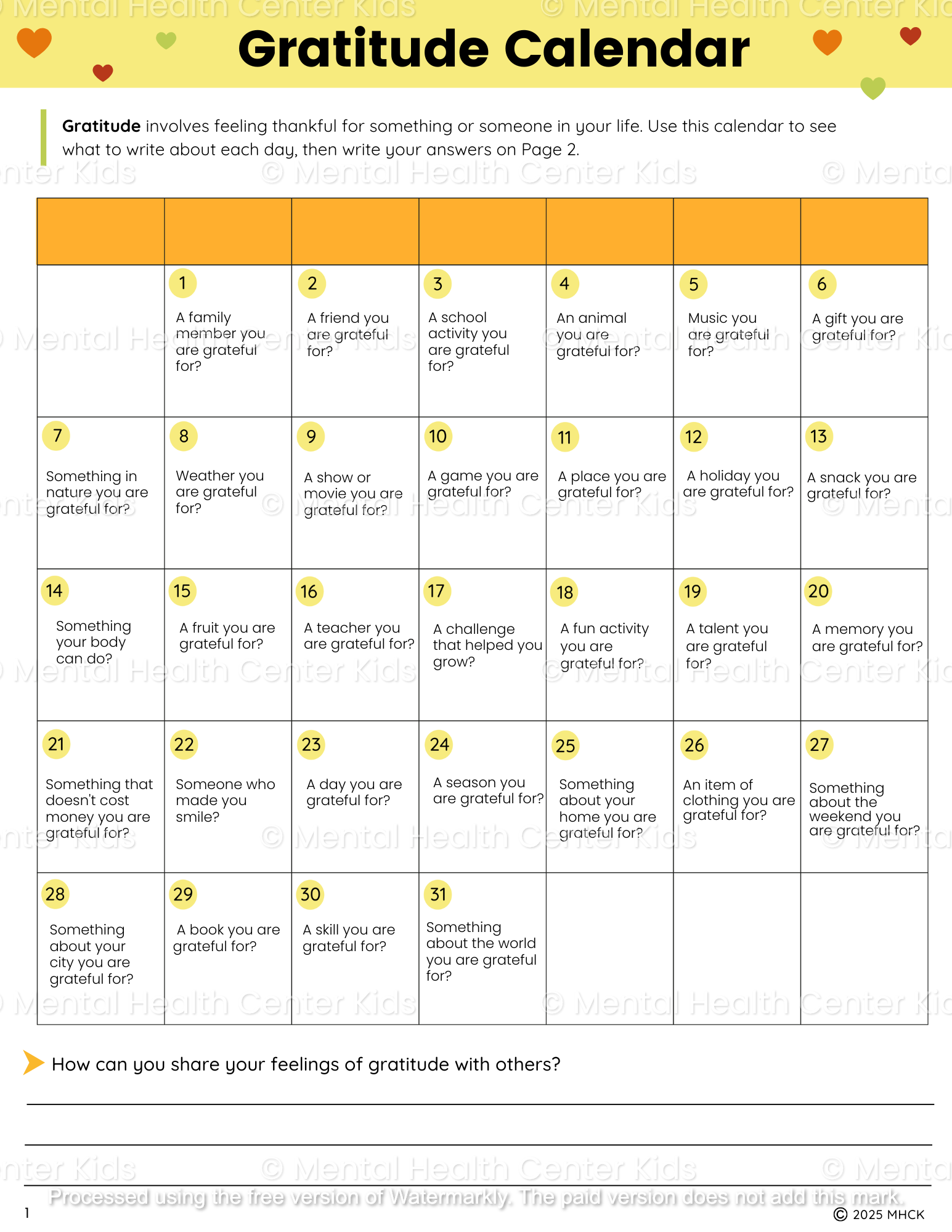 gratitude calendar worksheet