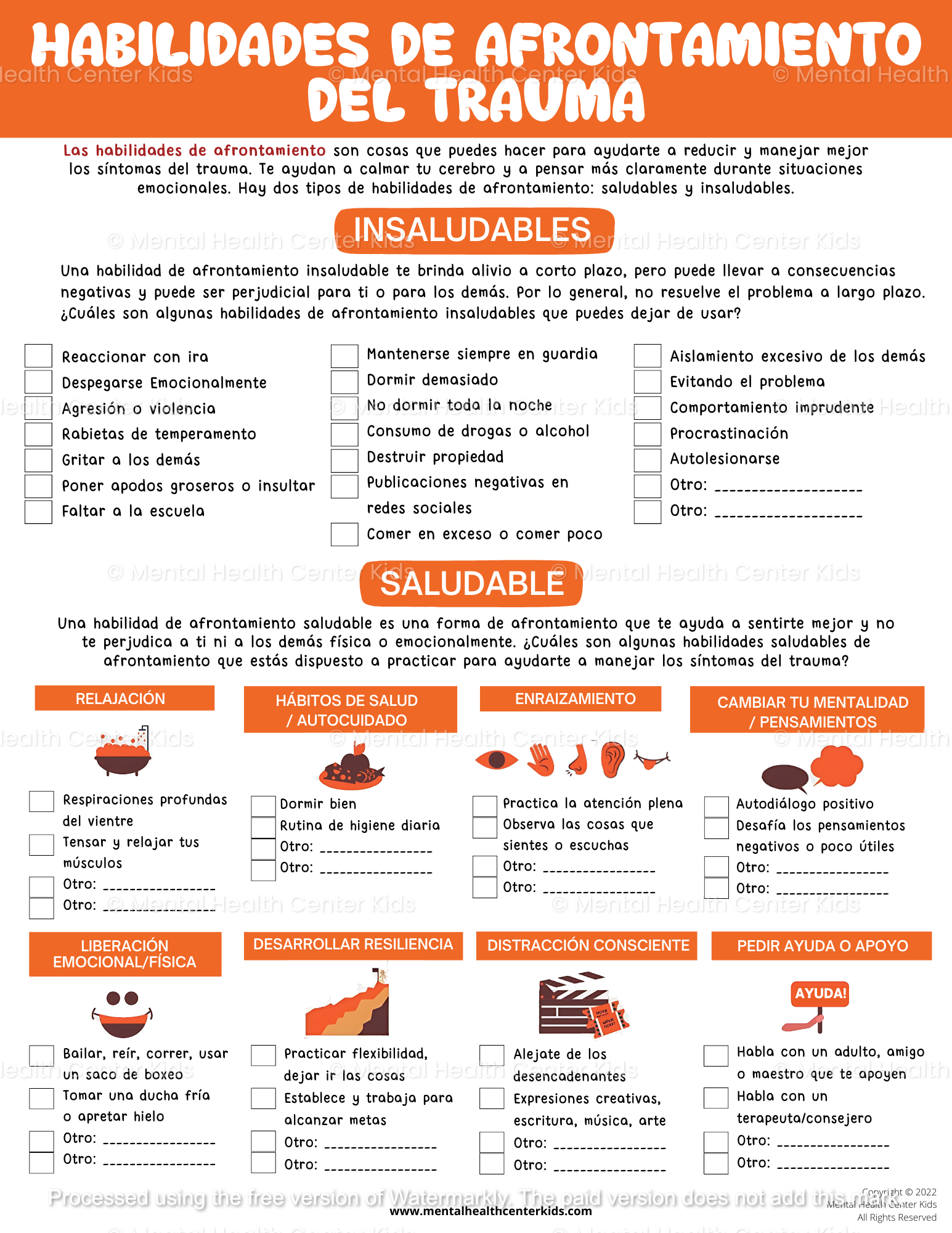 Spanish Trauma Coping Skills Worksheet