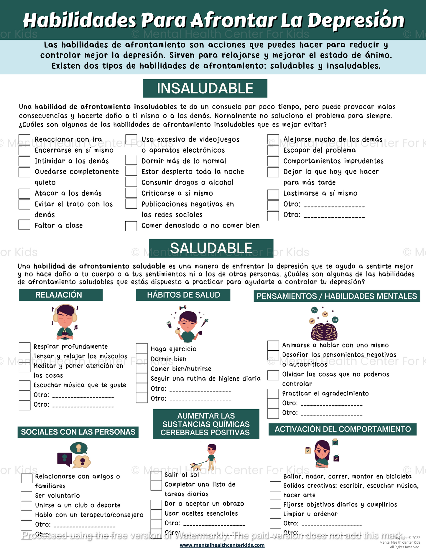 Spanish Coping Skills For Depression Worksheet