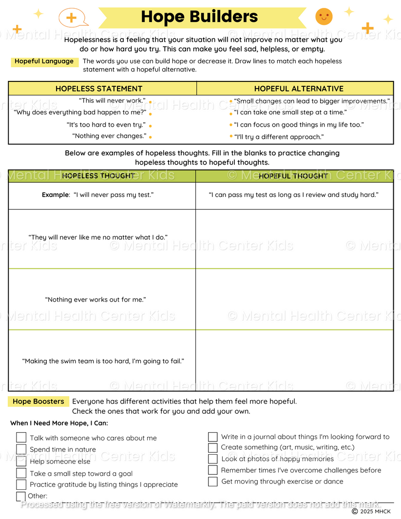 Hope Box Worksheet.pdf Hope Worksheets (2 Pages) – Mental Health Center Kids