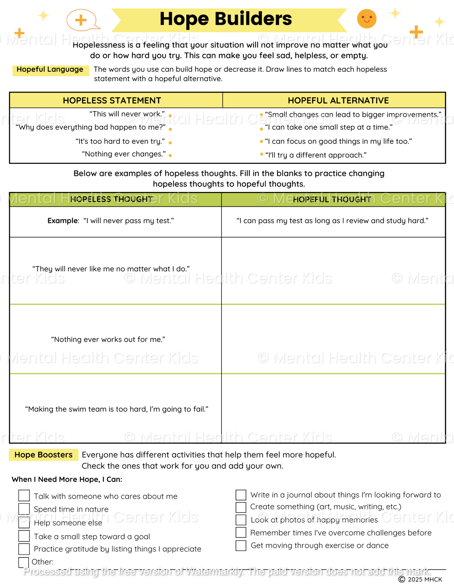 hope worksheets for middle school