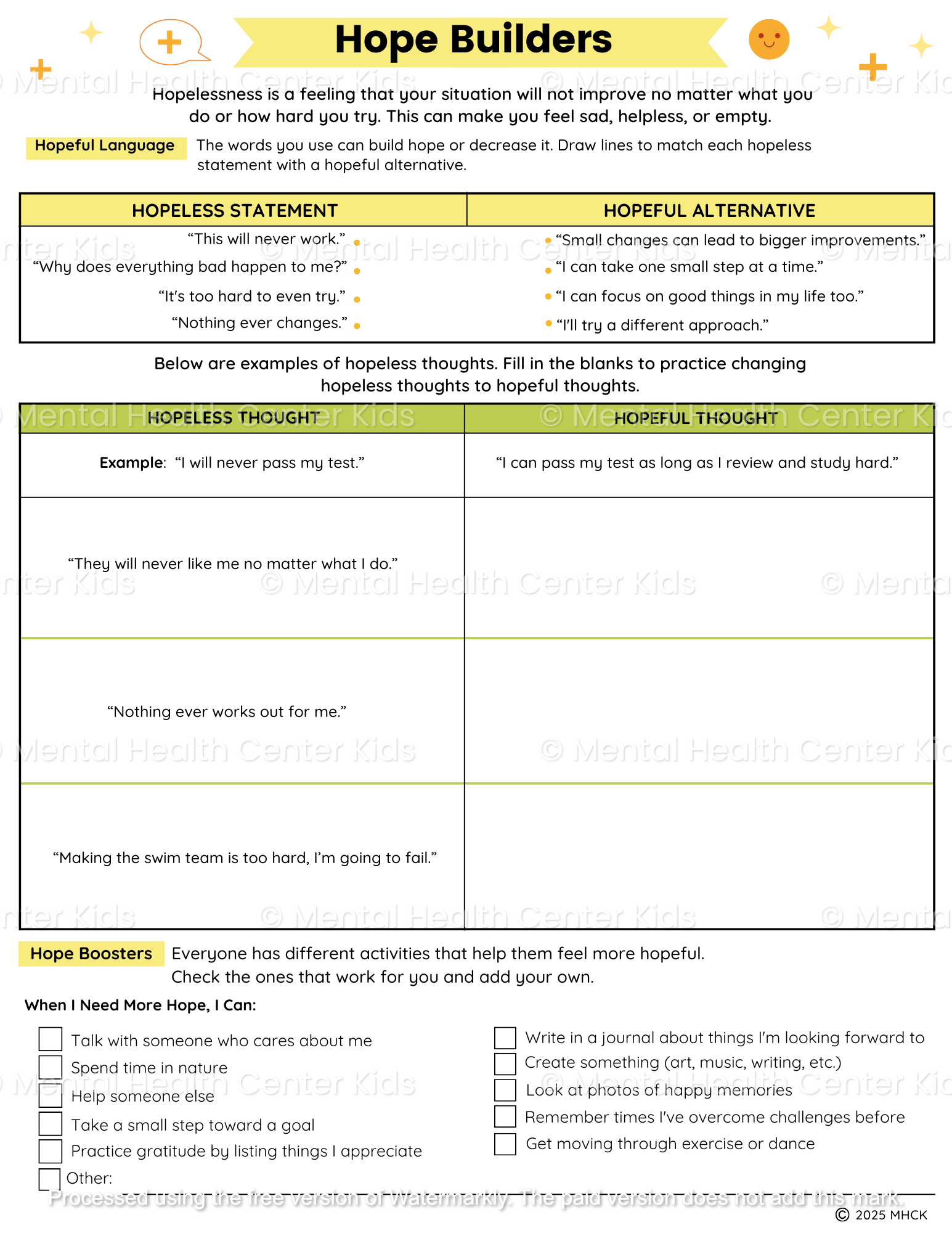 hope worksheets for middle school