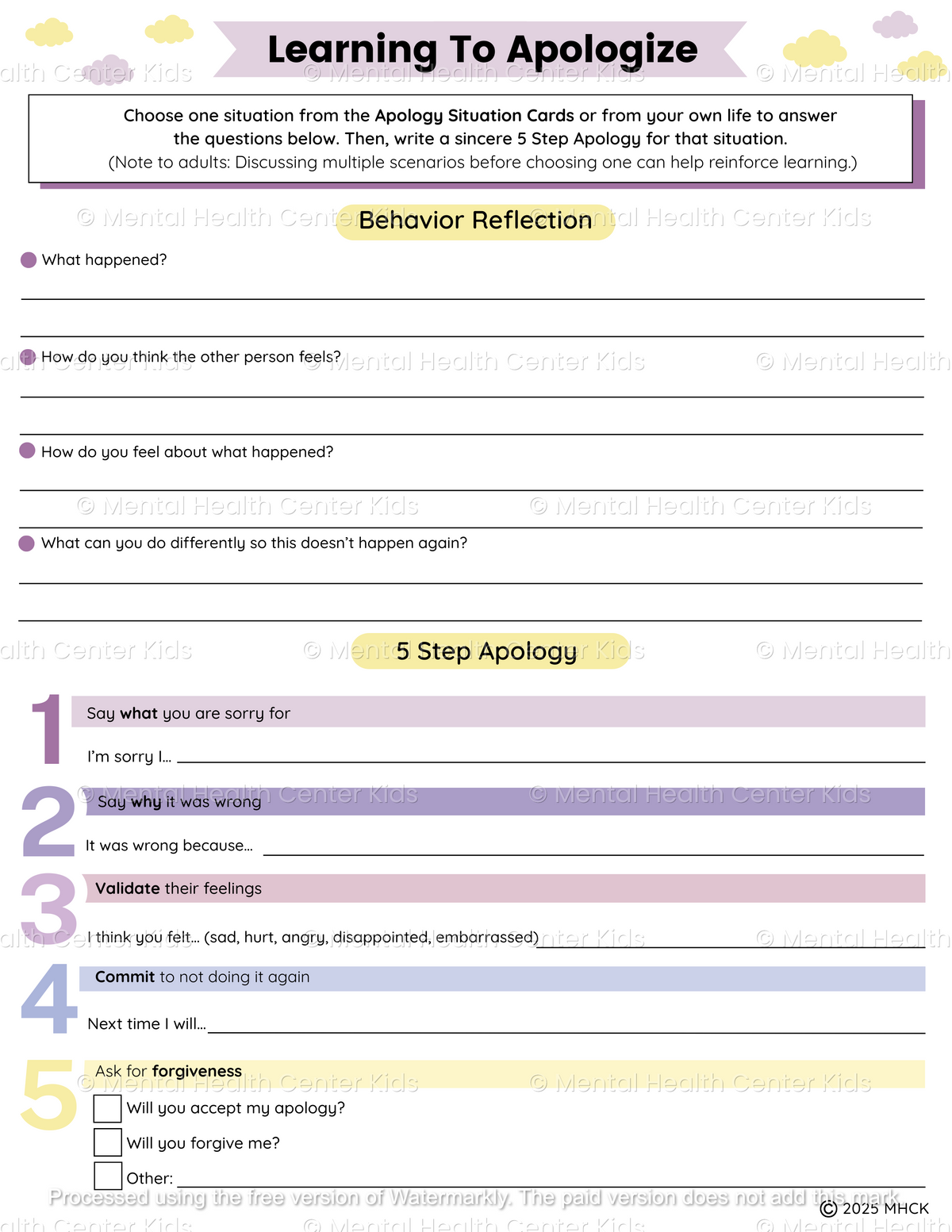 Making Apologies Worksheet Apologizing Worksheets (2 Pages) – Mental Health Center Kids