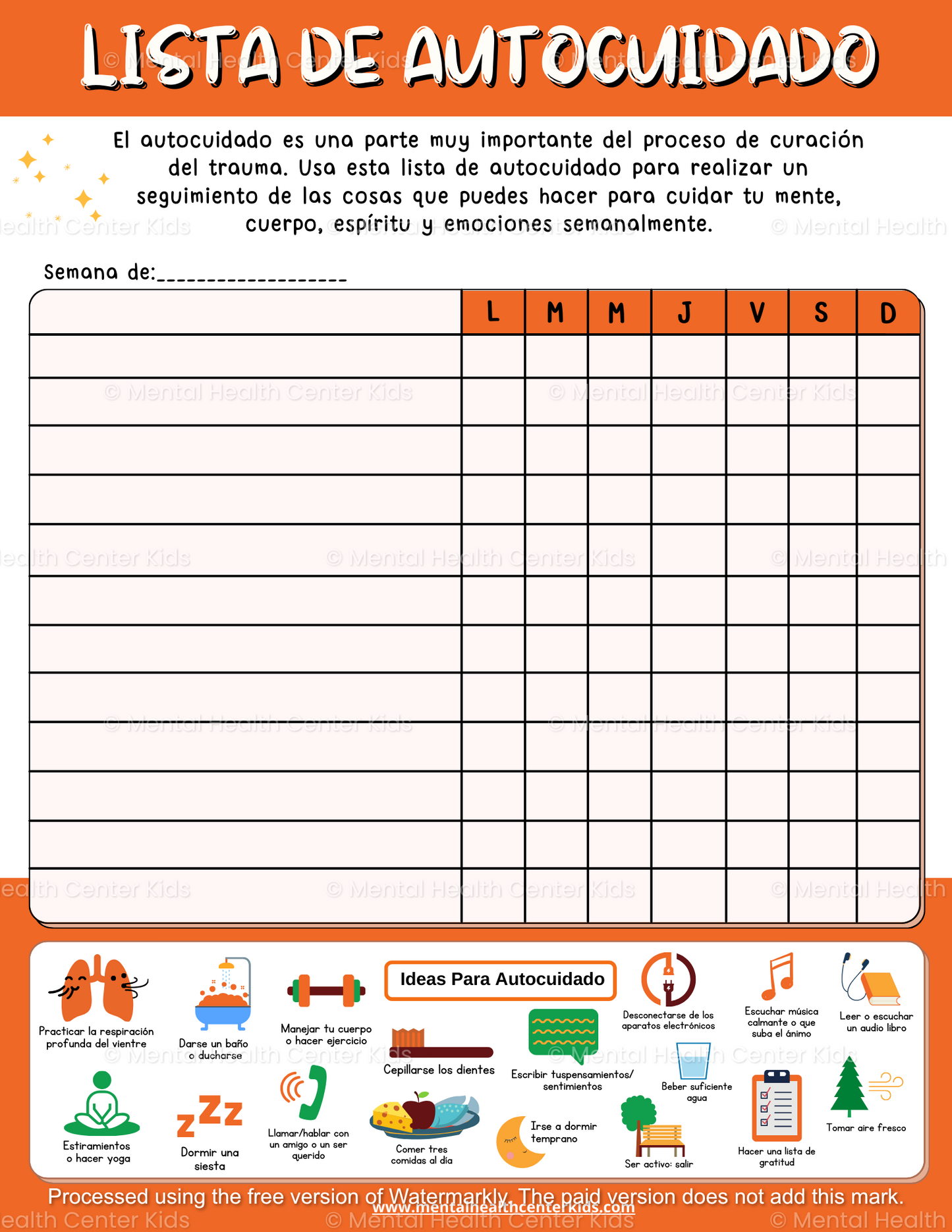 Spanish Trauma Self-Care Checklist Worksheet