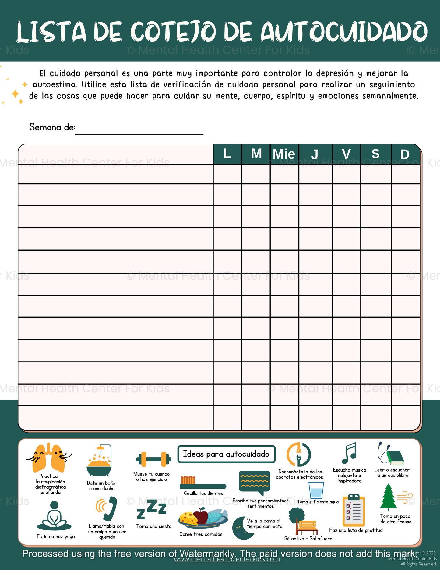 Spanish Depression Self-Care Checklist Worksheet
