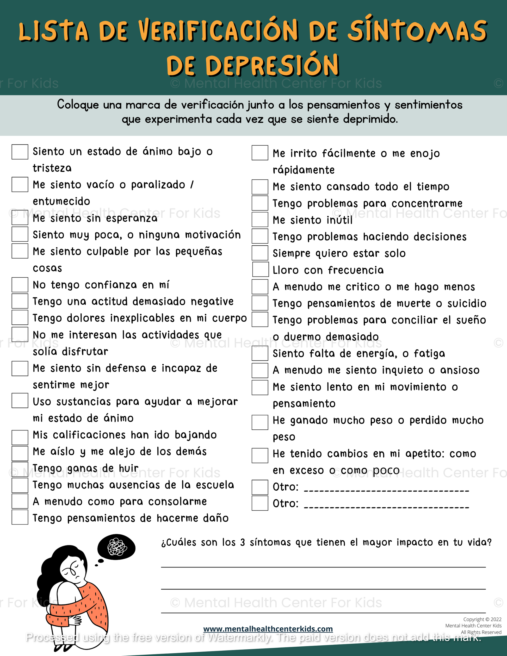 Spanish Depression Symptoms Checklist Worksheet