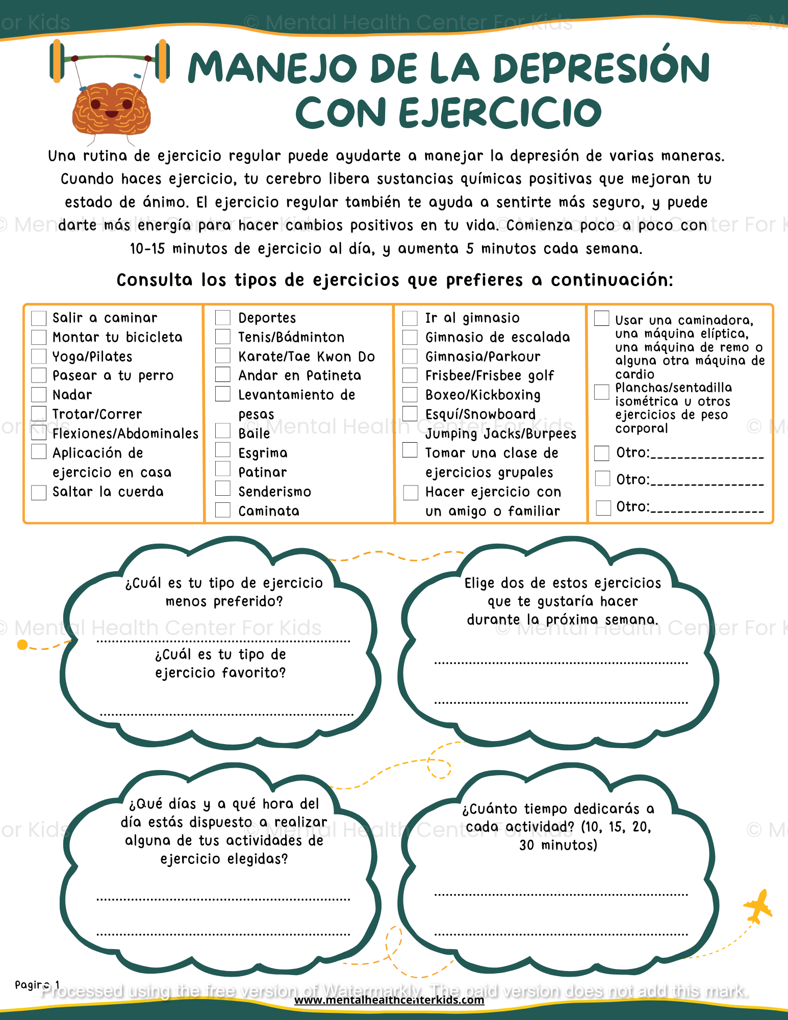 Spanish Managing Depression With Exercise Worksheet