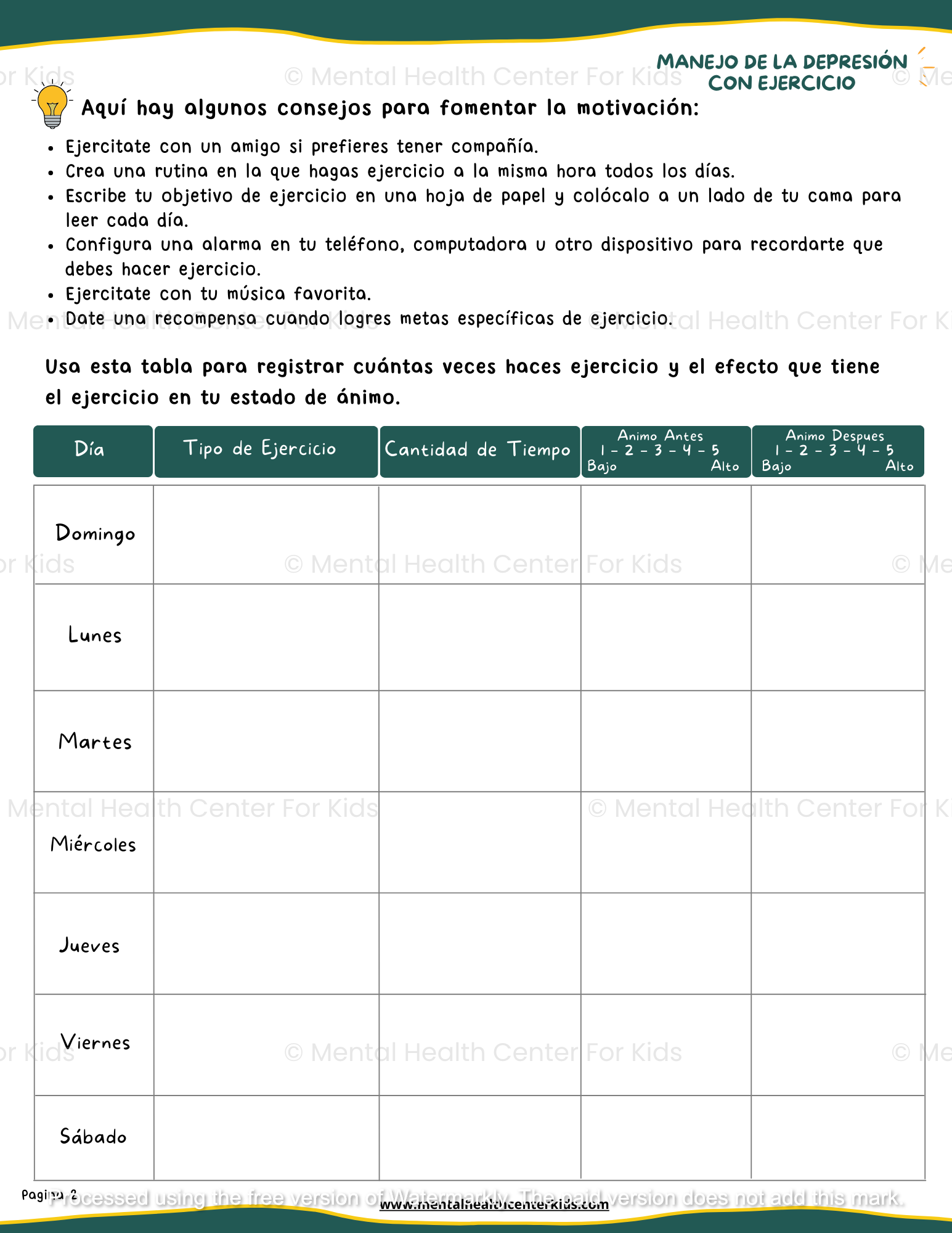 Managing Depression With Exercise Worksheets Spanish Version Mental