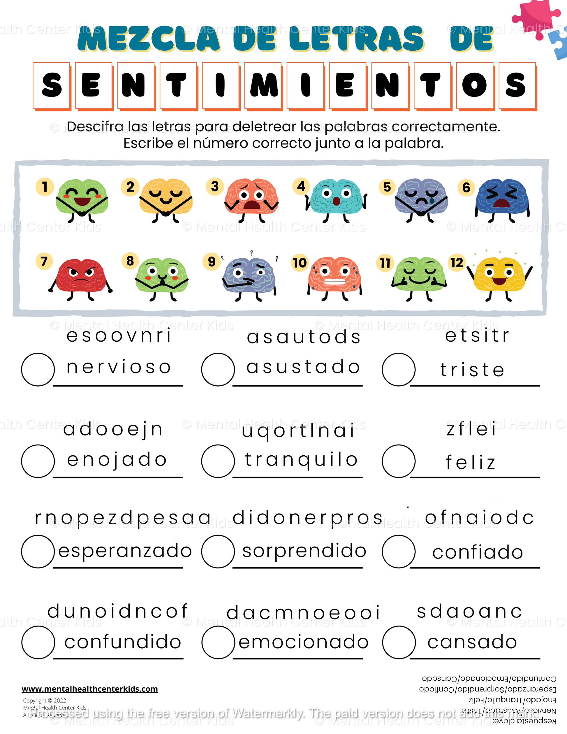 spanish emotions worksheets