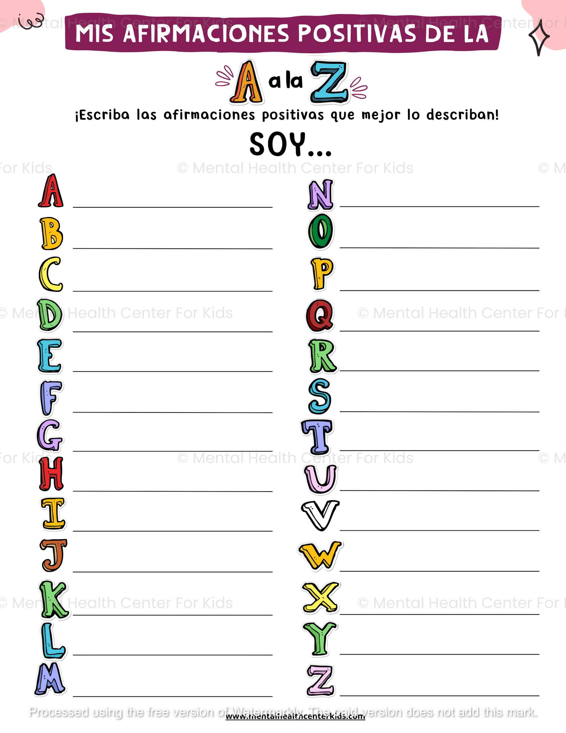 Spanish My Positive Affirmations From A-Z Worksheet