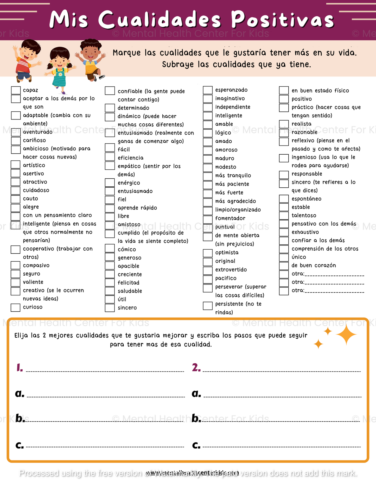 Spanish My Positive Qualities Worksheet