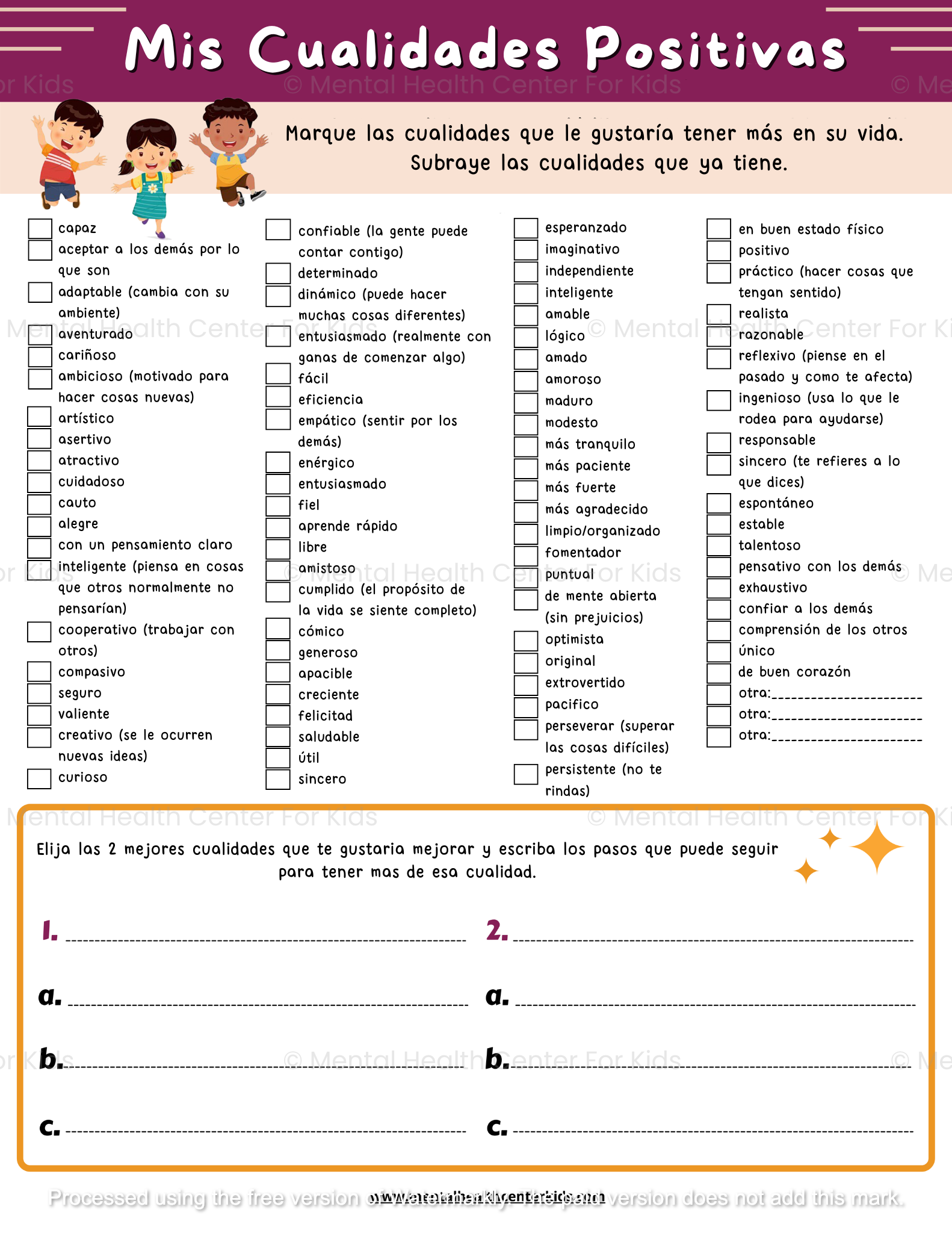 Spanish My Positive Qualities Worksheet