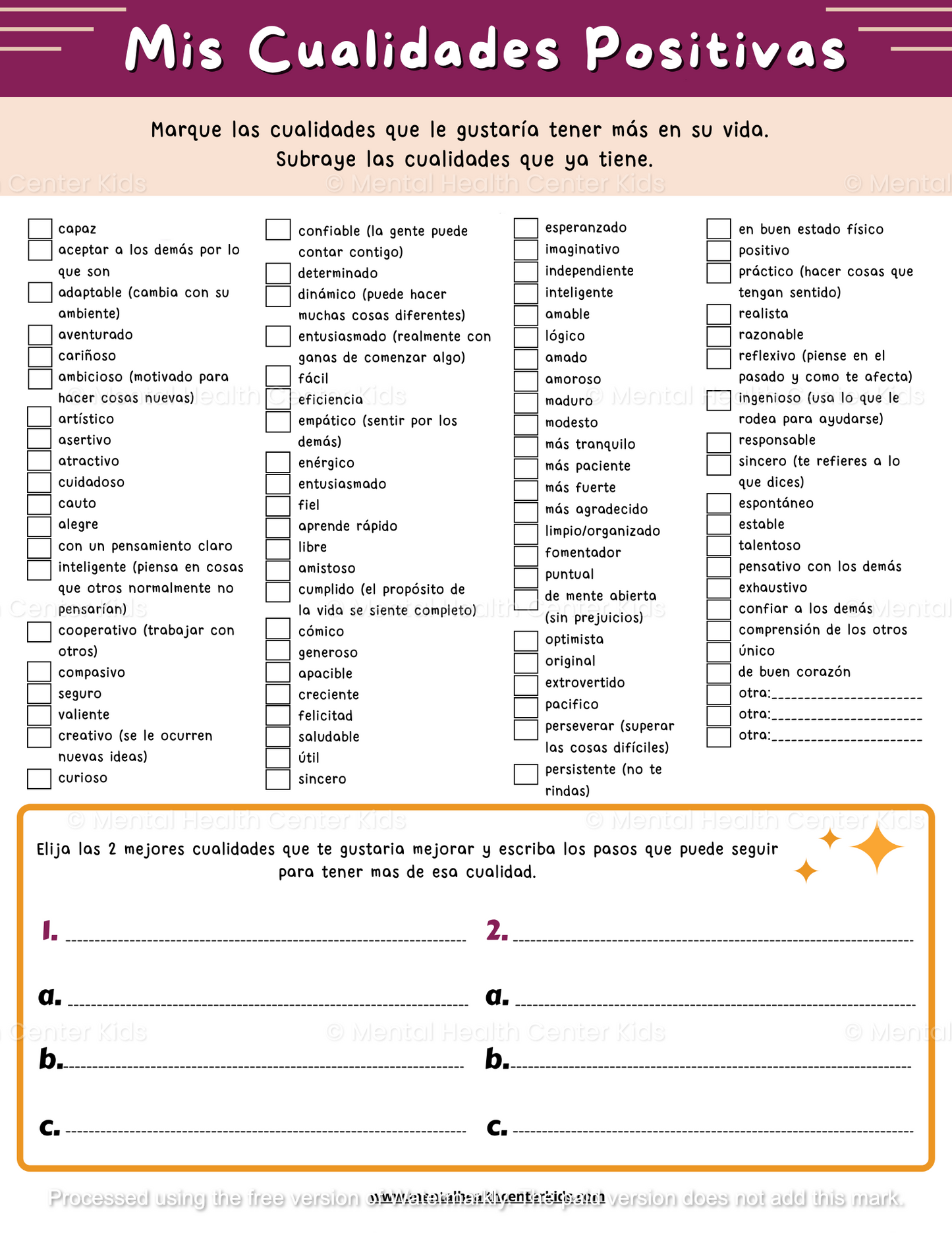 Spanish self-esteem worksheet 