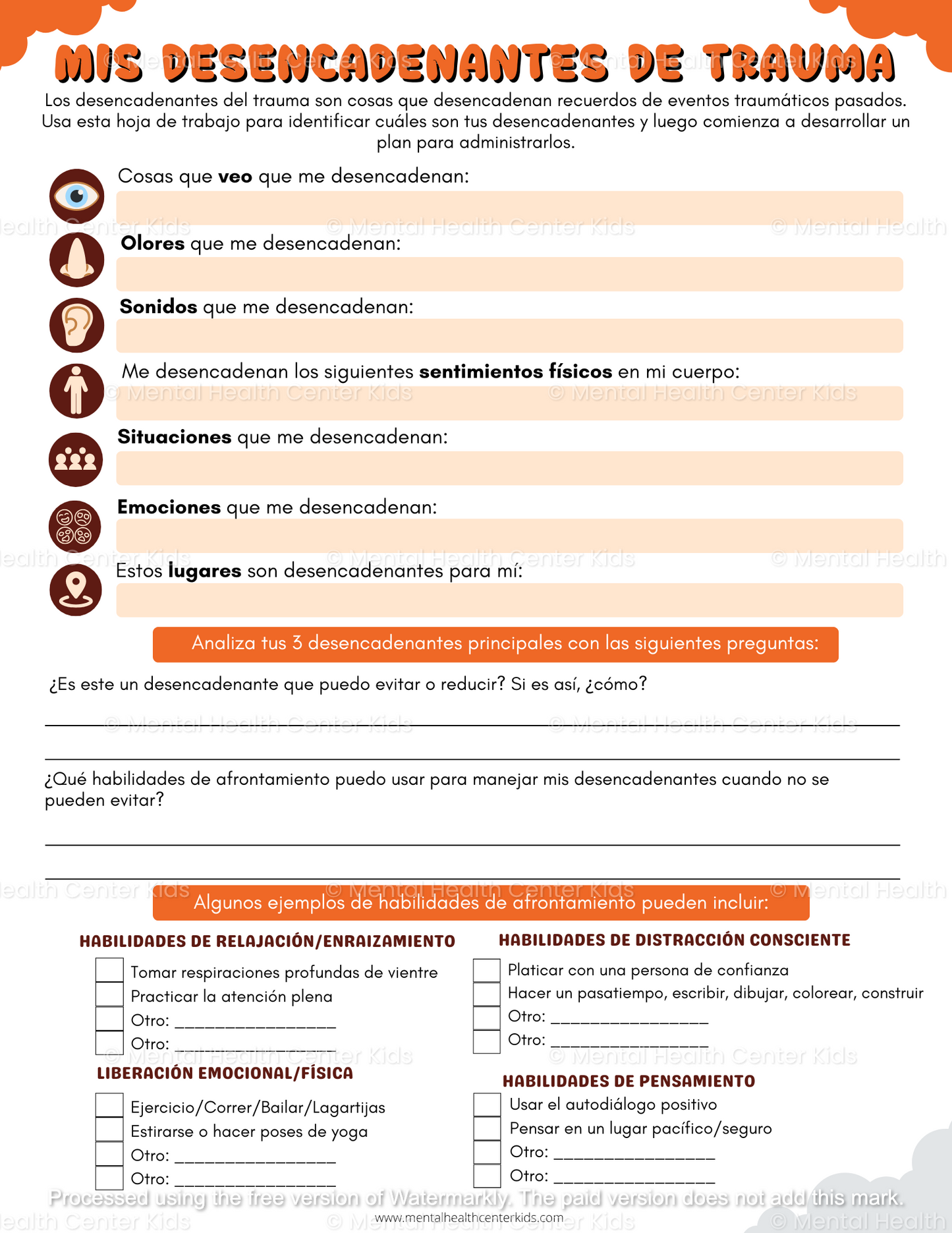 Spanish My Trauma Triggers Worksheet