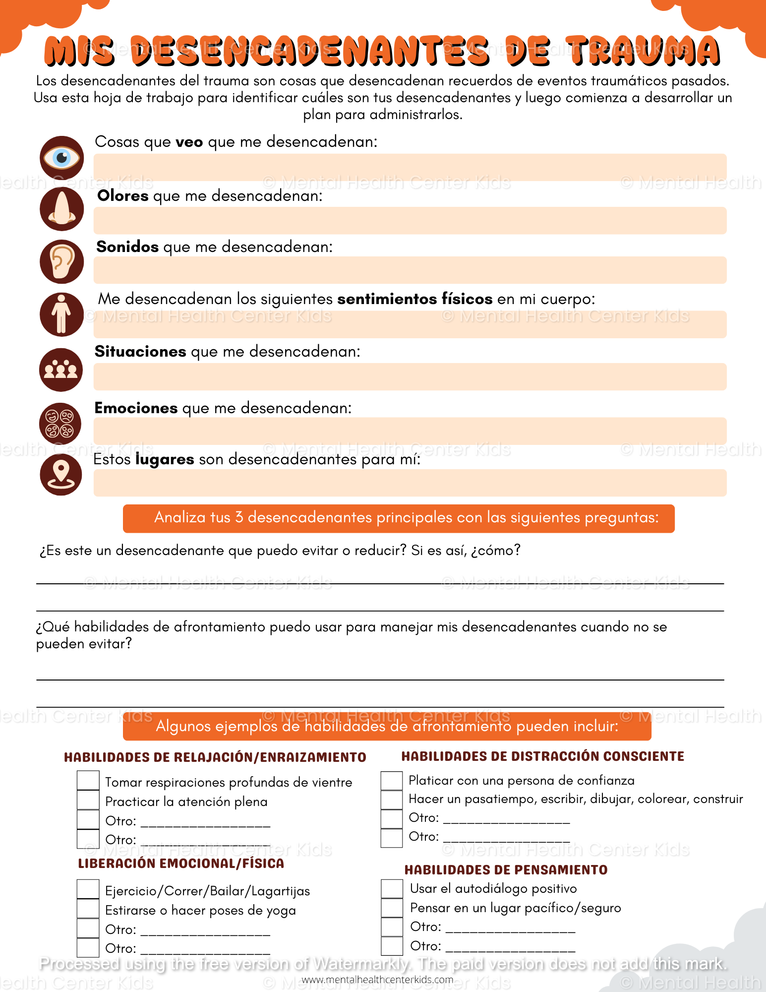 Spanish My Trauma Triggers Worksheet